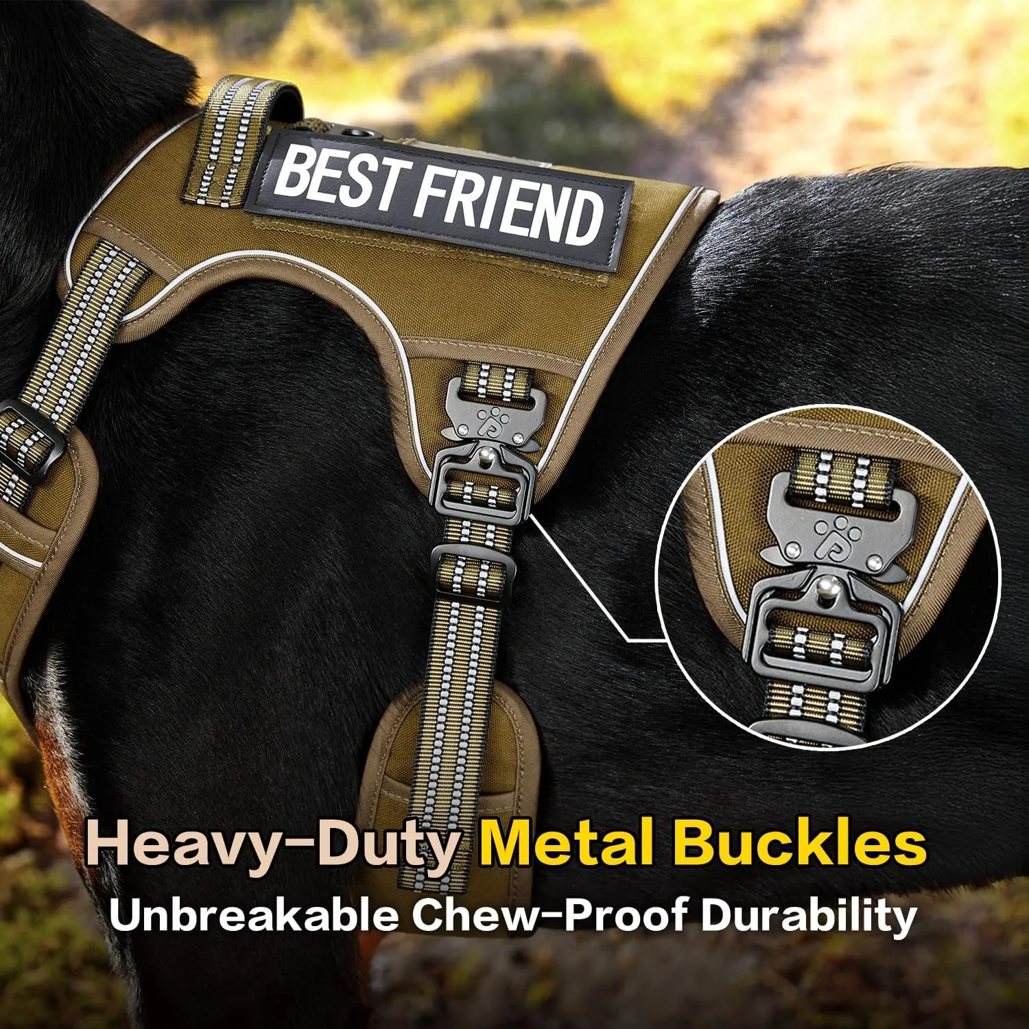 PawsPassion Tactical Dog Harness for Large Dogs, Chew-Proof Metal Hardware, Heavy Duty No Pull Dog Harness, Reflective Strips, Adjusting Ring, MOLLE System, Hook and Loop Panel (Sandstone, L)