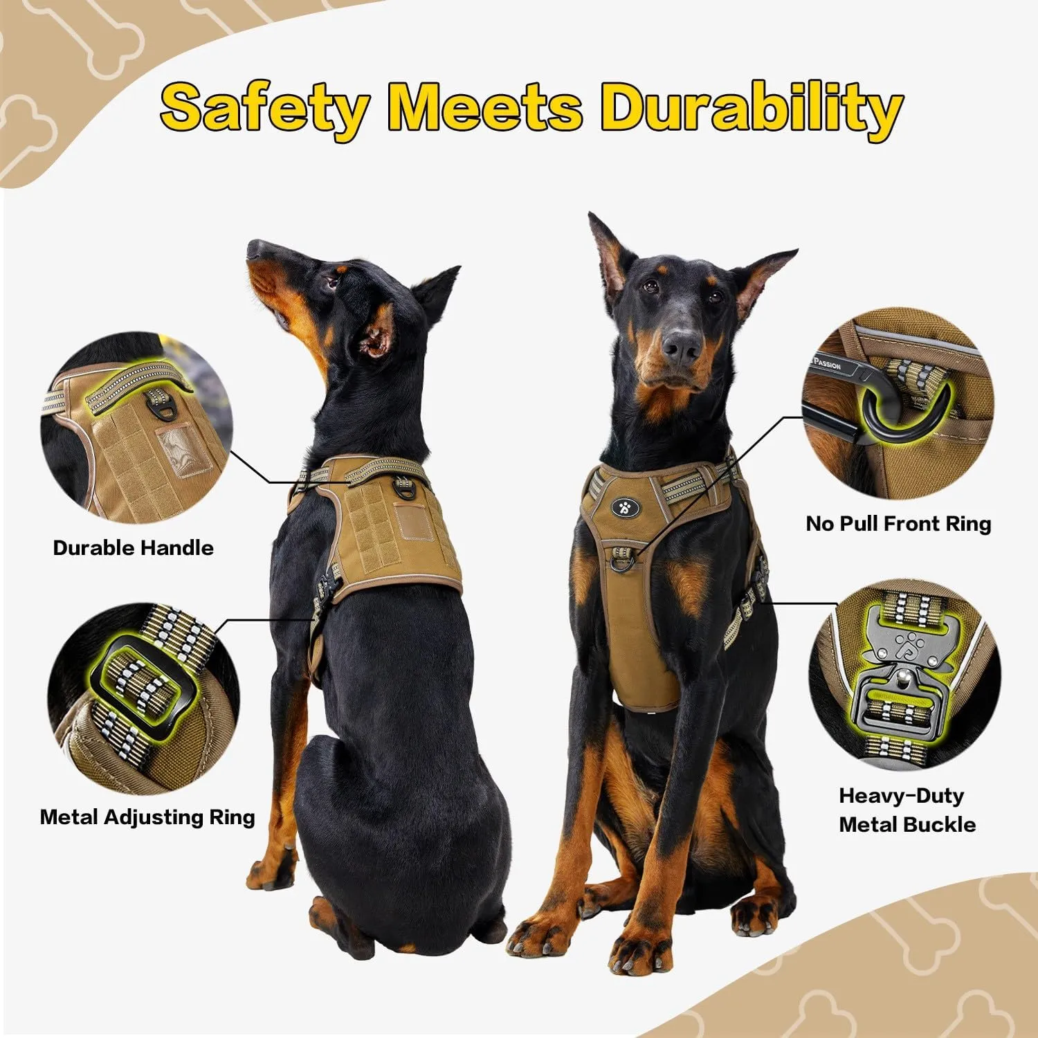 PawsPassion Tactical Dog Harness for Large Dogs, Chew-Proof Metal Hardware, Heavy Duty No Pull Dog Harness, Reflective Strips, Adjusting Ring, MOLLE System, Hook and Loop Panel (Sandstone, L)