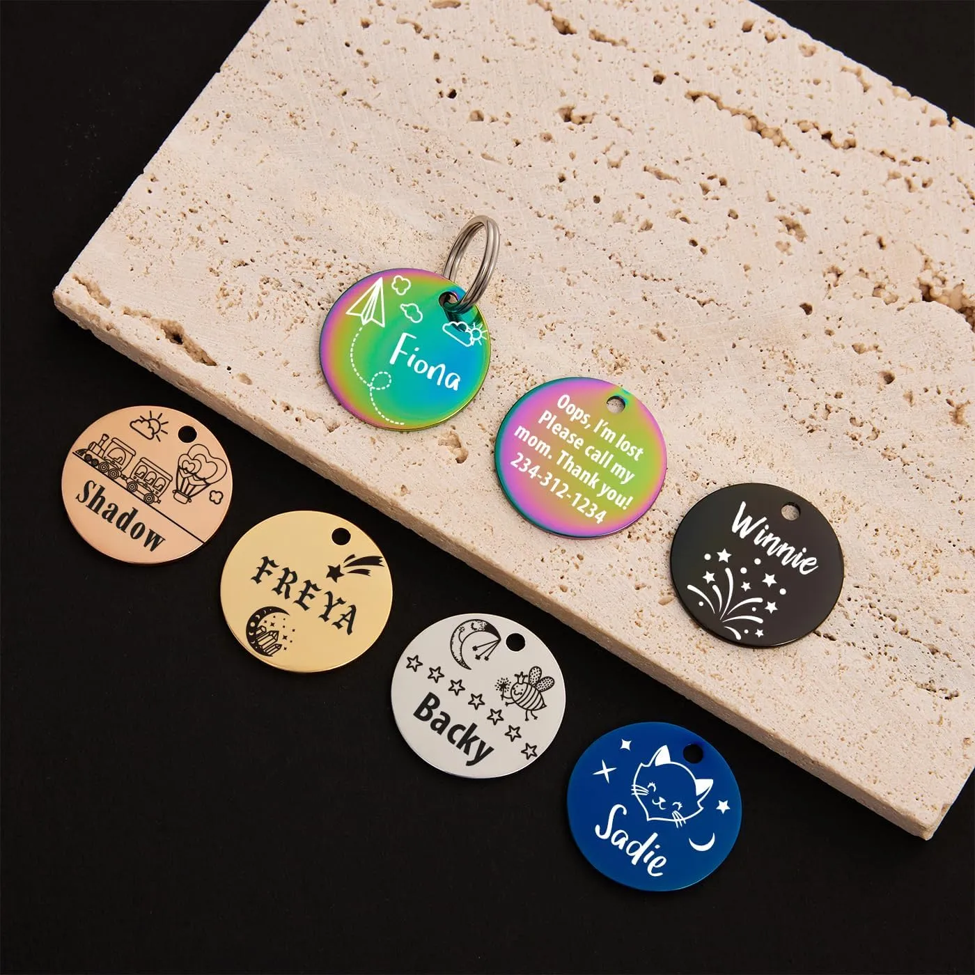 Pet Name Tags,Stainless Steel Custom Carved Dog tag, Cute Double-Sided Engraved cat Tags, Personalized ID Tags,Cat and Dog Collar with Name tag (Circle-Gold, Small)