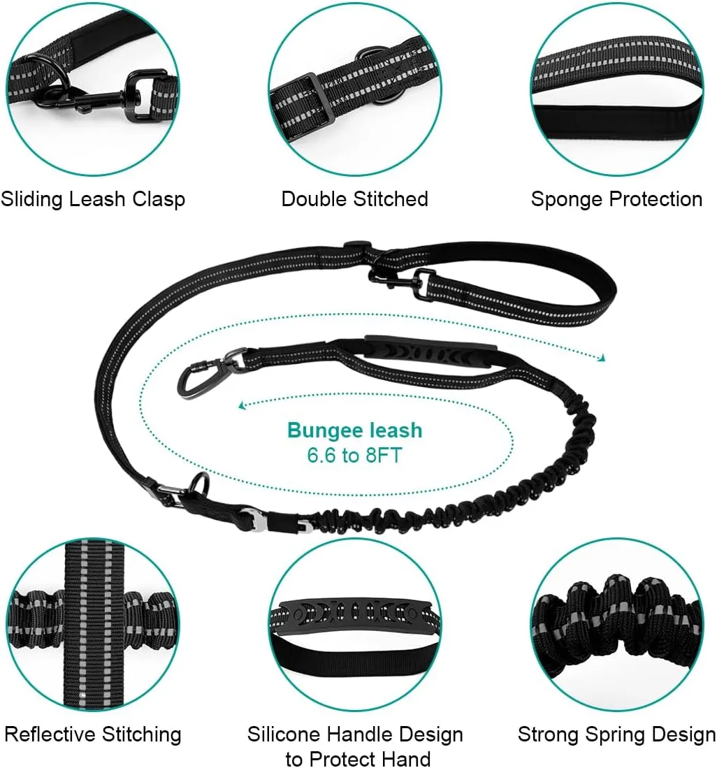 Philorn Bungee Dog Leash Heavy Duty 6-7FT Adjustable Length No Pull with 2 Padded Traffic Handles, Reflective Threads, Car Seatbelt for Large Medium Dogs (Black)