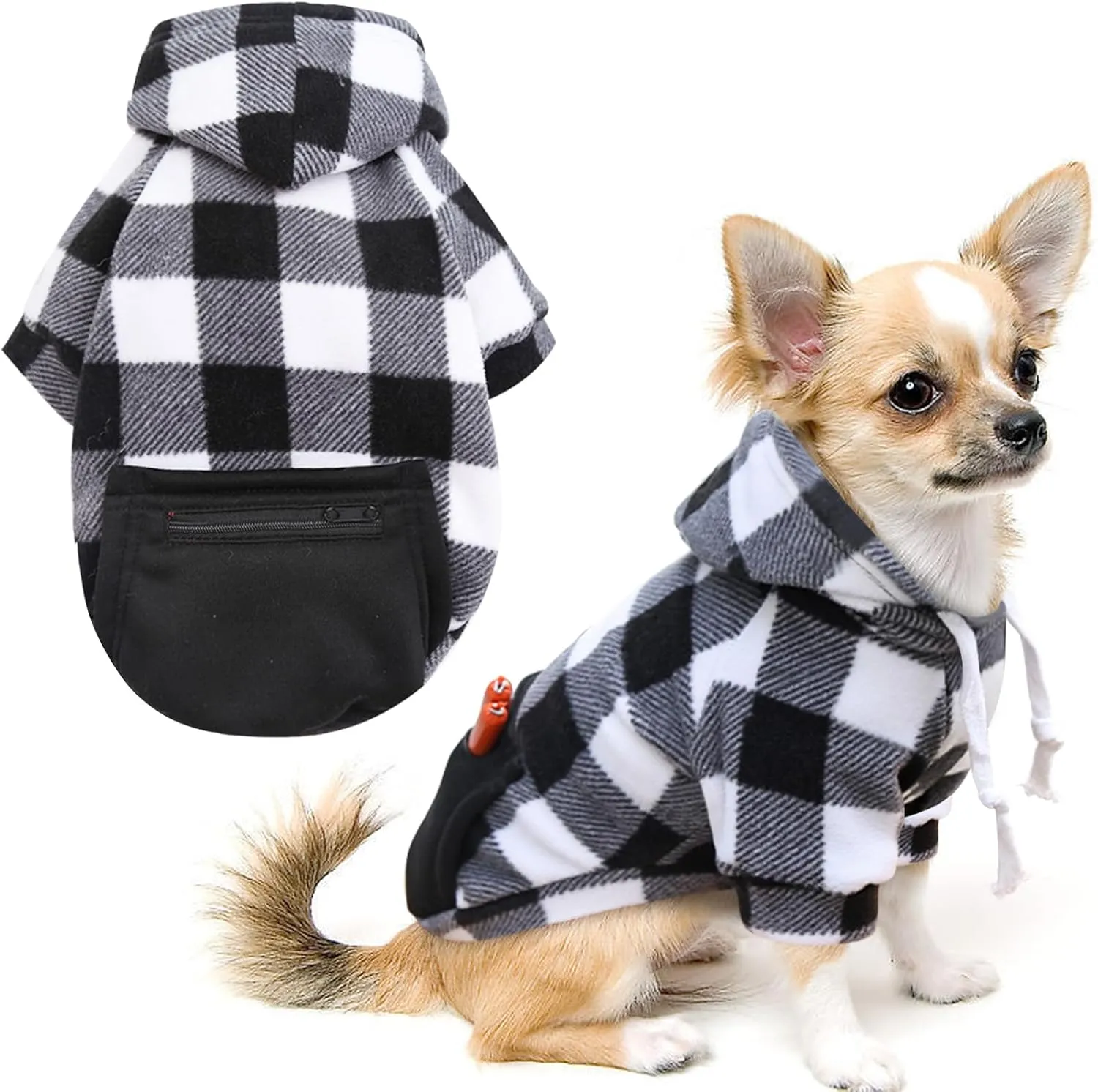 Plaid Dog Clothes Soft Brushed Fleece Hoodies with Zipper Pocket - Winter Coat Cotton Pet Hoodie for Small to 5XL Dogs