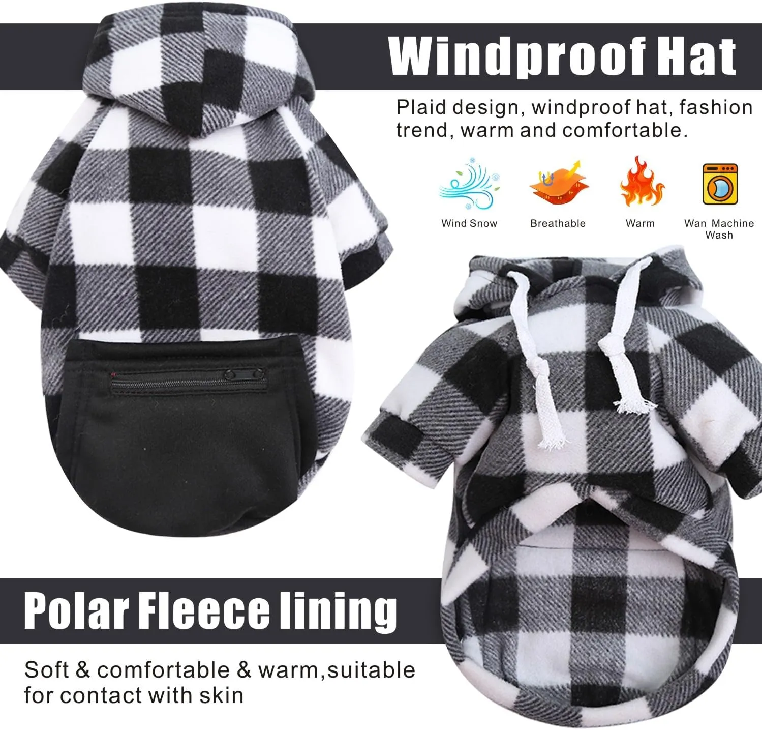 Plaid Dog Clothes Soft Brushed Fleece Hoodies with Zipper Pocket - Winter Coat Cotton Pet Hoodie for Small to 5XL Dogs