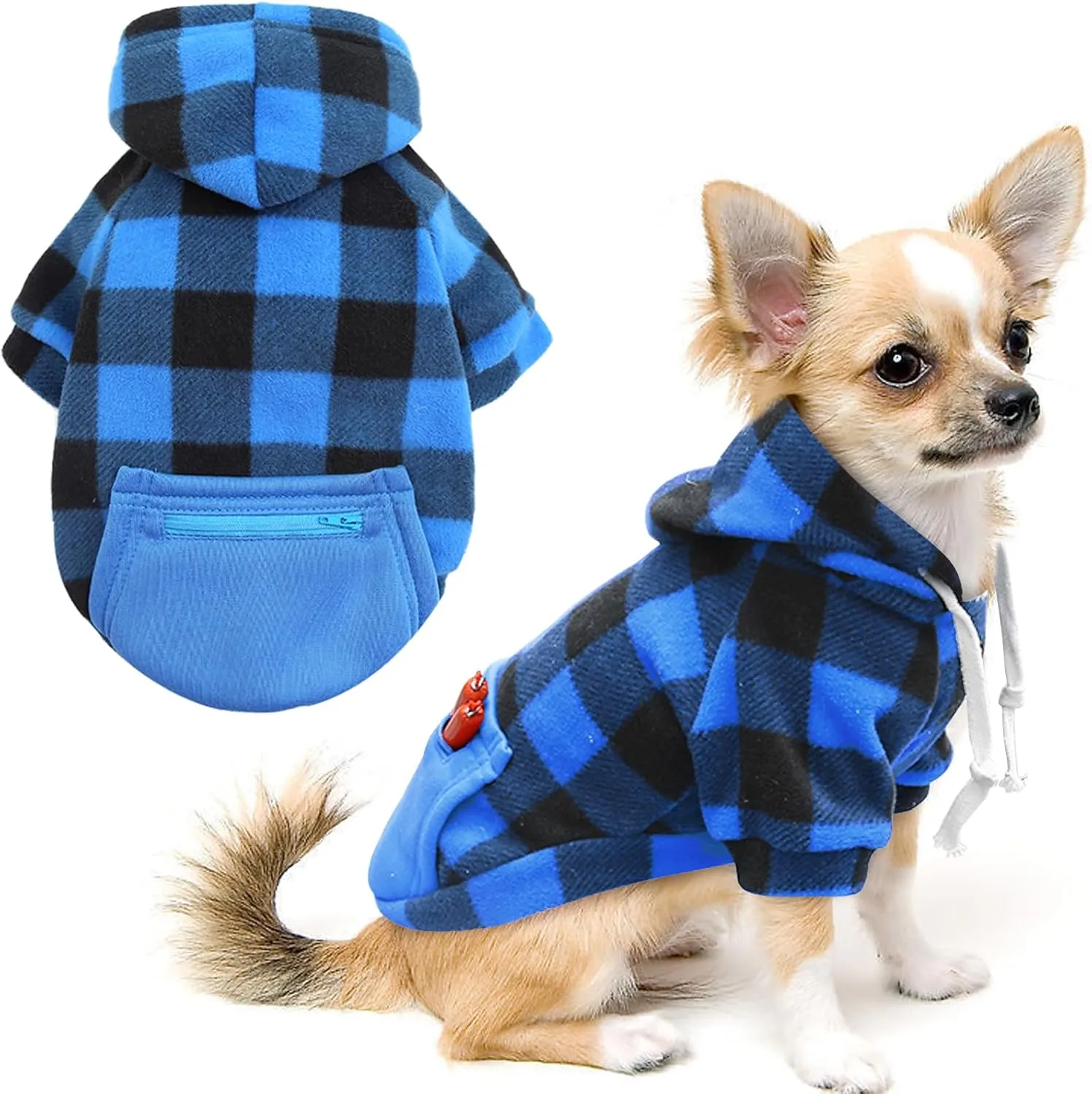Plaid Dog Clothes Sweatshirt Puppy Sweater Soft Brushed Fleece Hoodies for Dogs with Zipper Pocket - Winter Coat Cotton Pet Hoodie - Small to 5XL