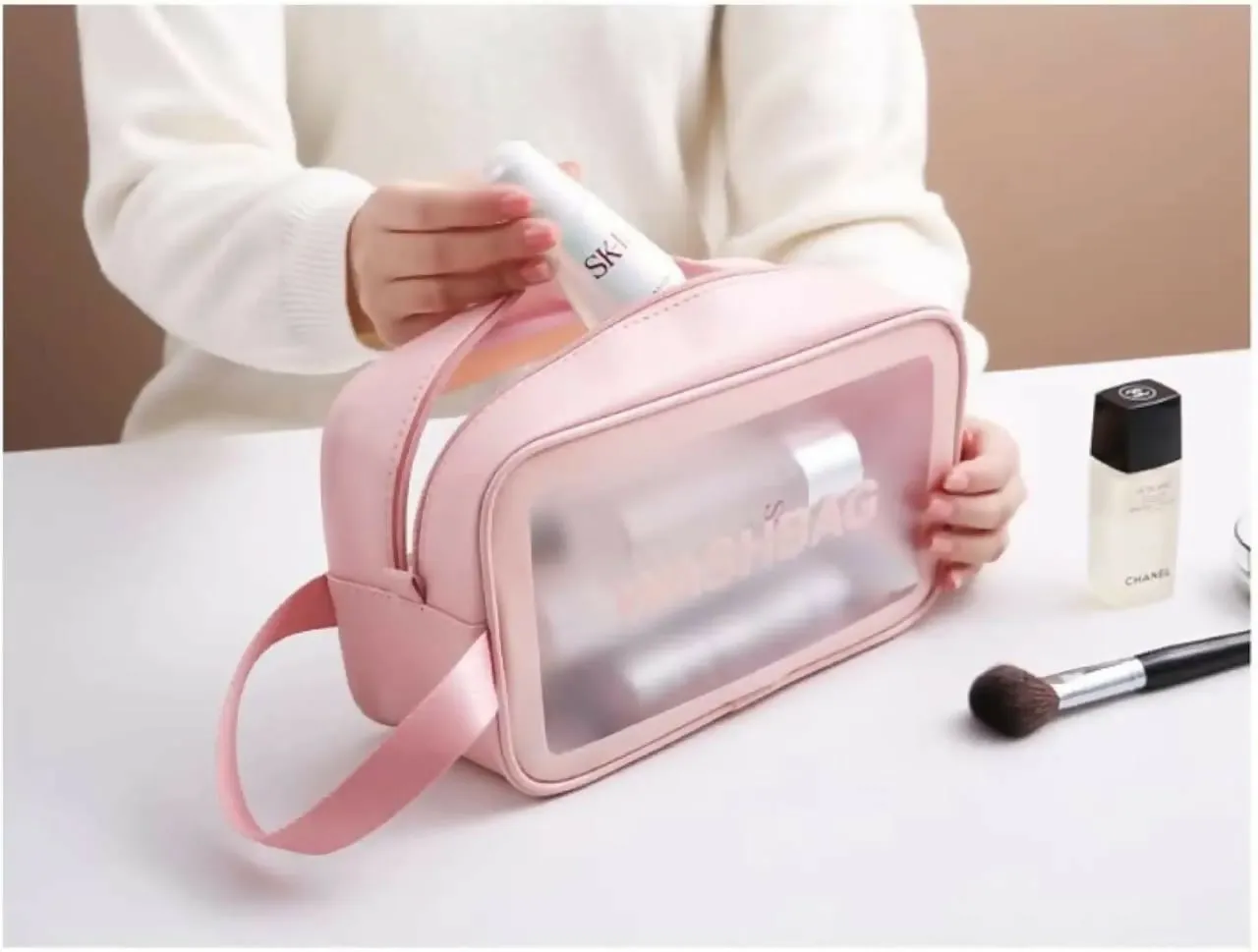 Portable Makeup Organizer Bag WASHBAG Pink Large