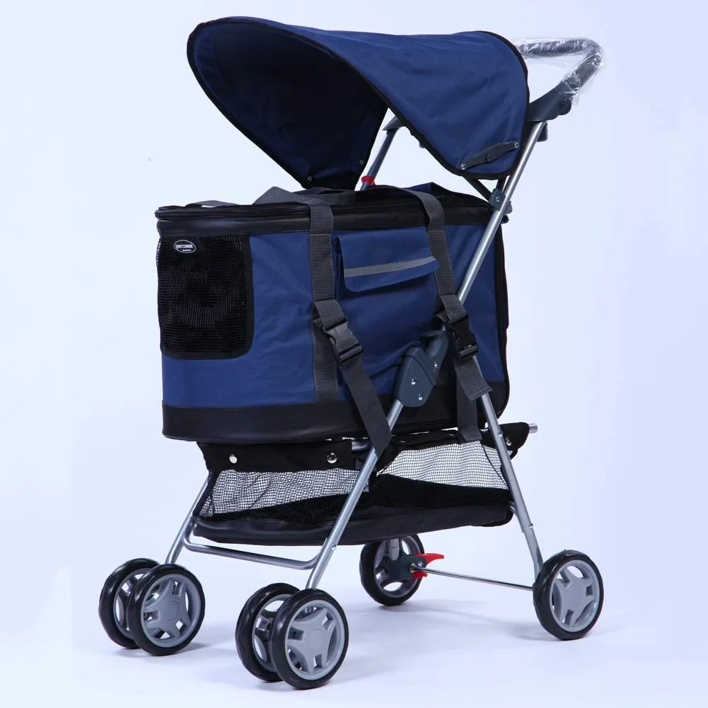 Removable Foldable Cat Dog Pushchair Trolley, Pet Car Seat, Front Swivel Wheels and Rear Brake, Maximum Weight 15Kg (Blue)