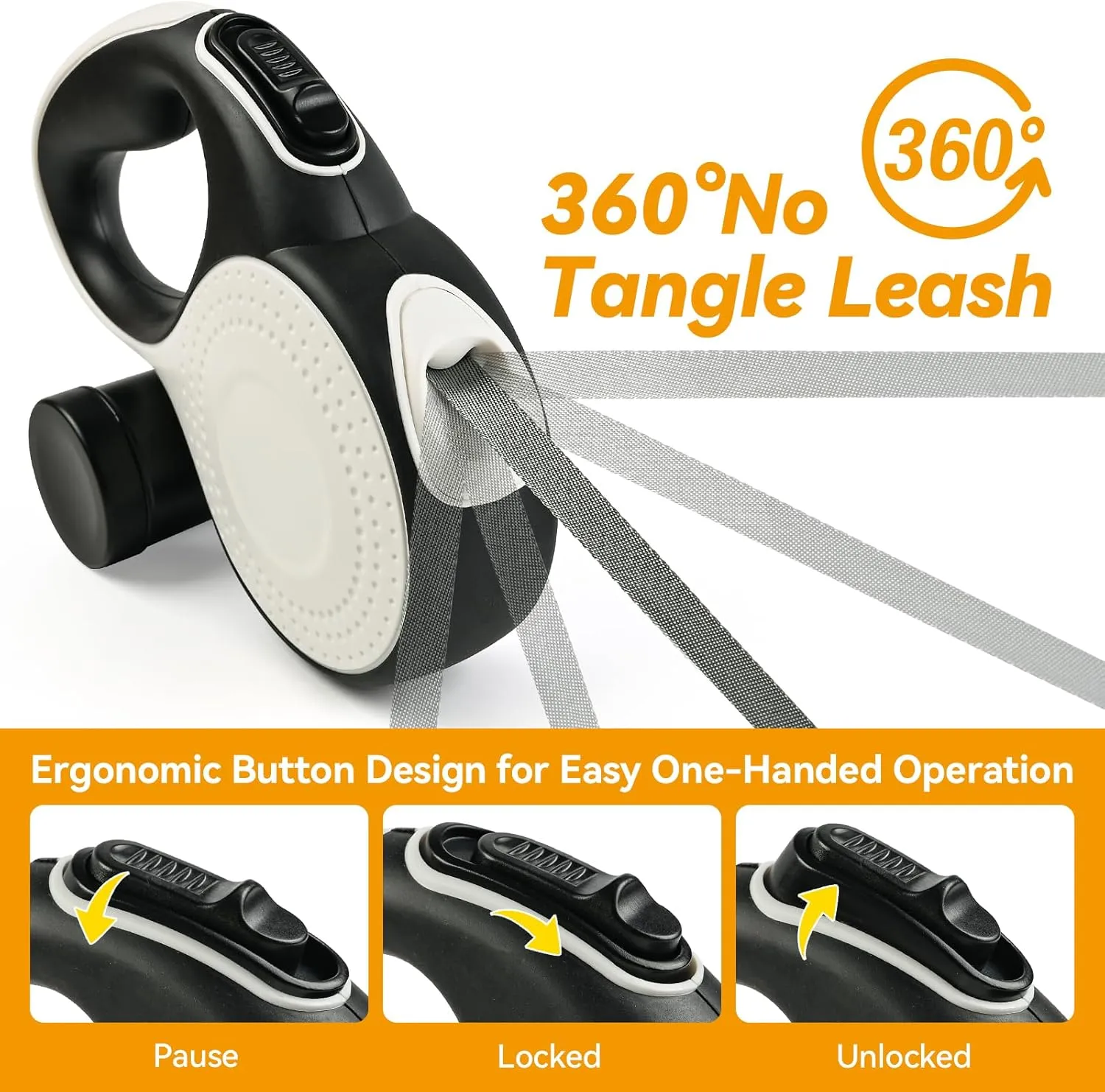 Retractable Dog Leash for Small Dogs-Medium Pet, 16ft for Dog up to 80lbs, with Chew Proof Cable, LED Light, Dispenser, Poop Bags, 360 No Tangle, One-Handed Brake & Lock. (White, 16ft)