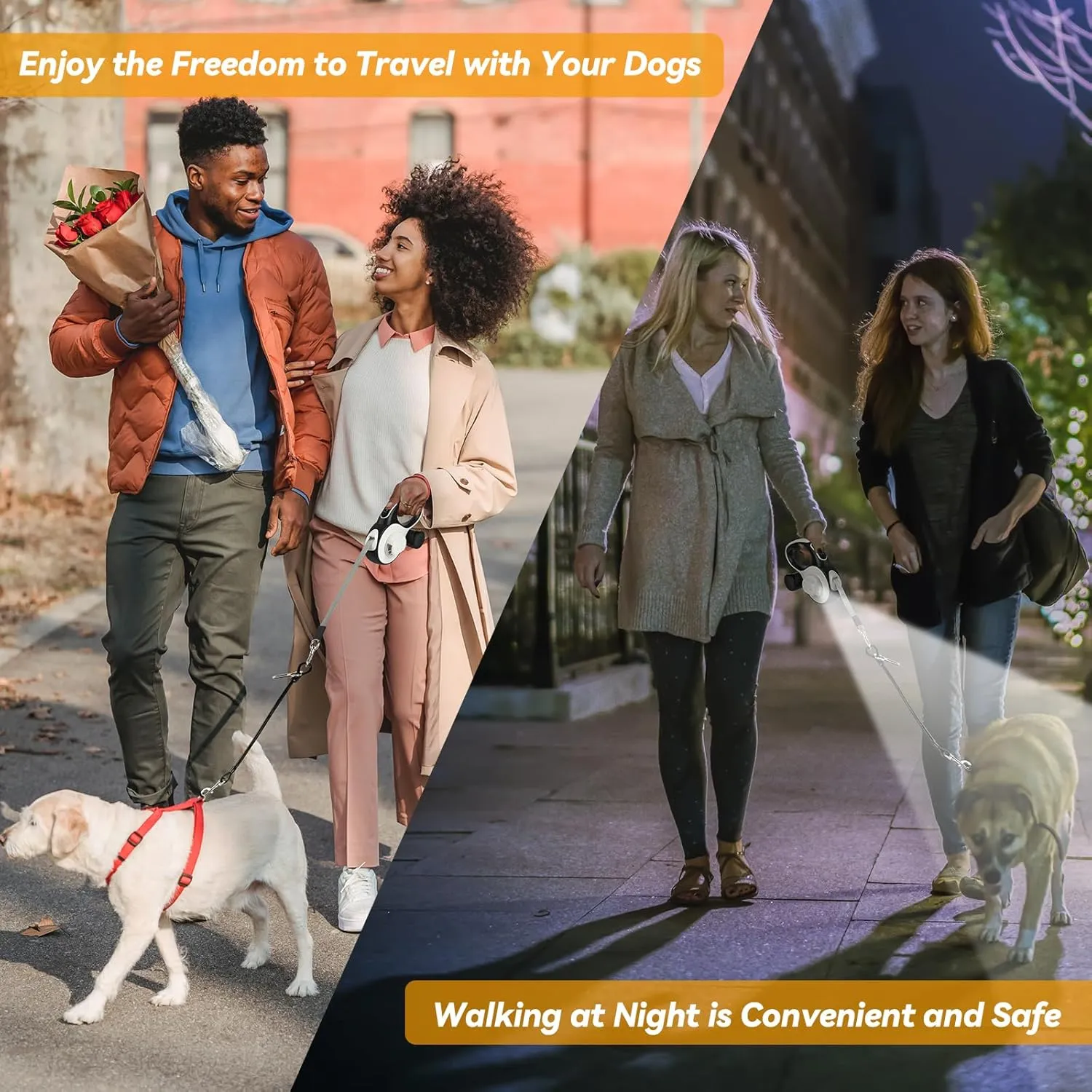 Retractable Dog Leash for Small Dogs-Medium Pet, 16ft for Dog up to 80lbs, with Chew Proof Cable, LED Light, Dispenser, Poop Bags, 360 No Tangle, One-Handed Brake & Lock. (White, 16ft)