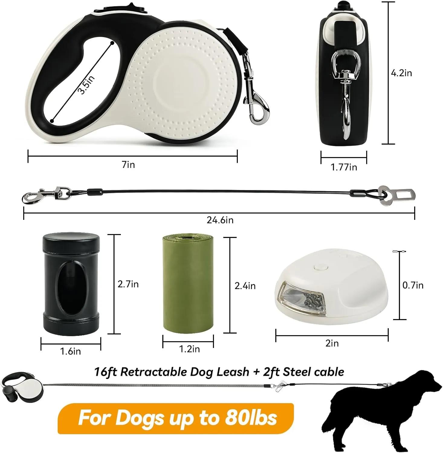 Retractable Dog Leash for Small Dogs-Medium Pet, 16ft for Dog up to 80lbs, with Chew Proof Cable, LED Light, Dispenser, Poop Bags, 360 No Tangle, One-Handed Brake & Lock. (White, 16ft)