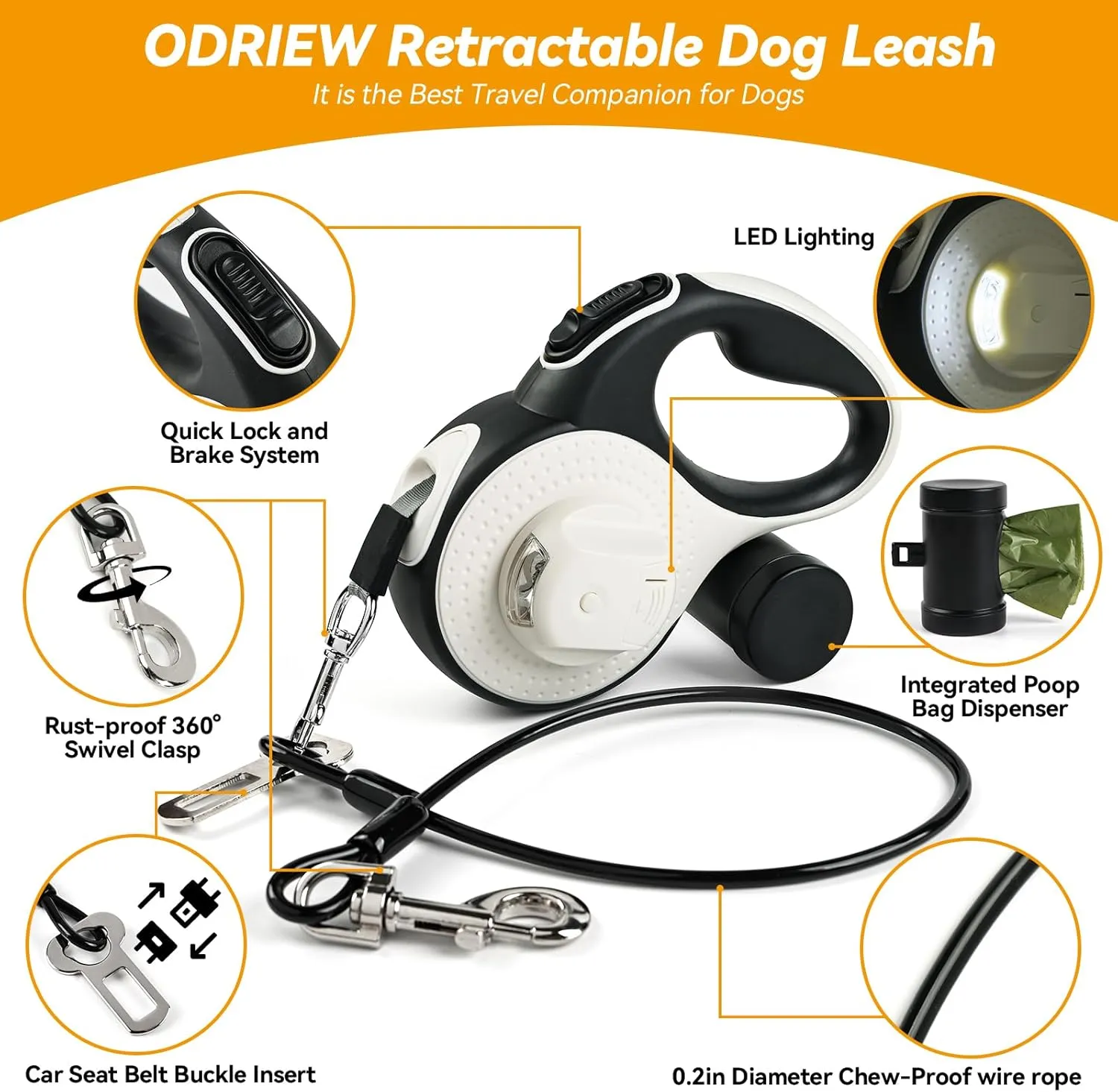 Retractable Dog Leash for Small Dogs-Medium Pet, 16ft for Dog up to 80lbs, with Chew Proof Cable, LED Light, Dispenser, Poop Bags, 360 No Tangle, One-Handed Brake & Lock. (White, 16ft)
