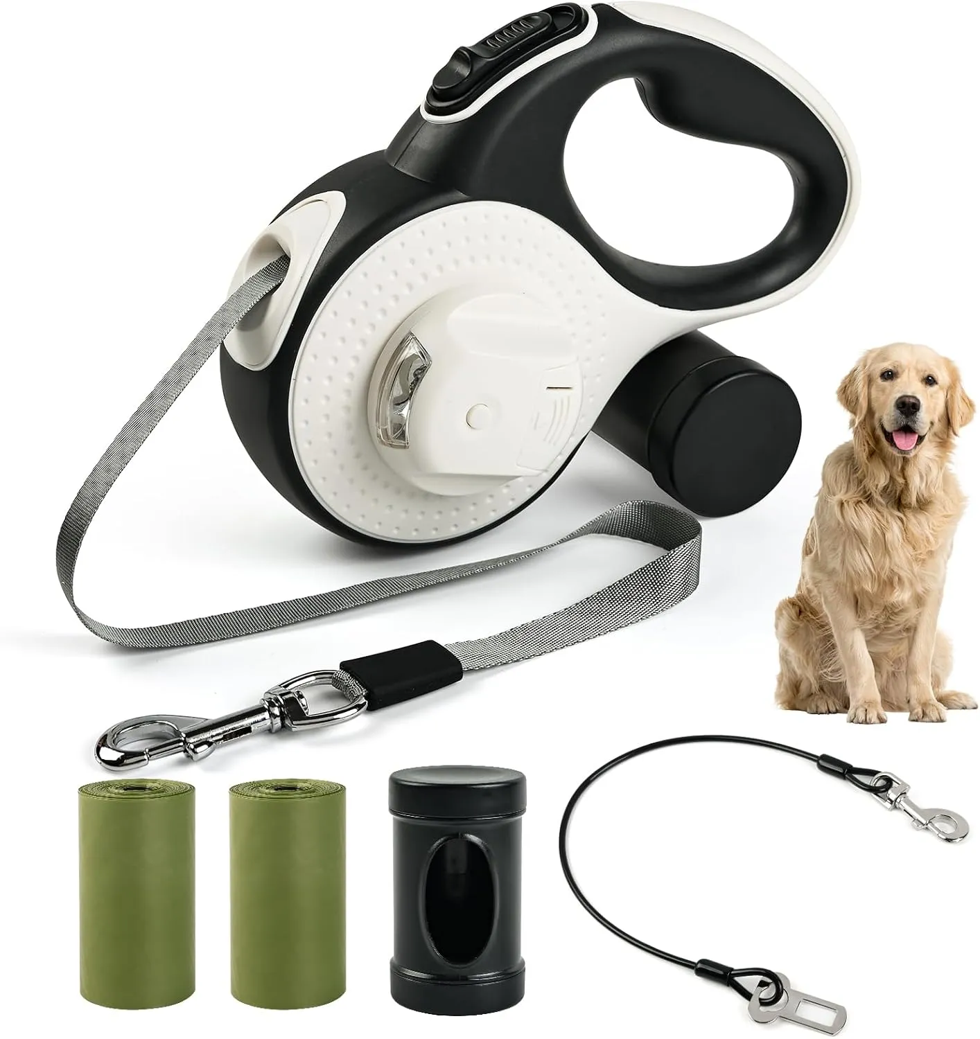 Retractable Dog Leash for Small Dogs-Medium Pet, 16ft for Dog up to 80lbs, with Chew Proof Cable, LED Light, Dispenser, Poop Bags, 360 No Tangle, One-Handed Brake & Lock. (White, 16ft)