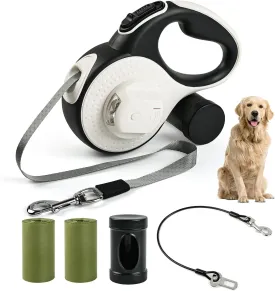 Retractable Dog Leash for Small Dogs-Medium Pet, 16ft for Dog up to 80lbs, with Chew Proof Cable, LED Light, Dispenser, Poop Bags, 360 No Tangle, One-Handed Brake & Lock. (White, 16ft)