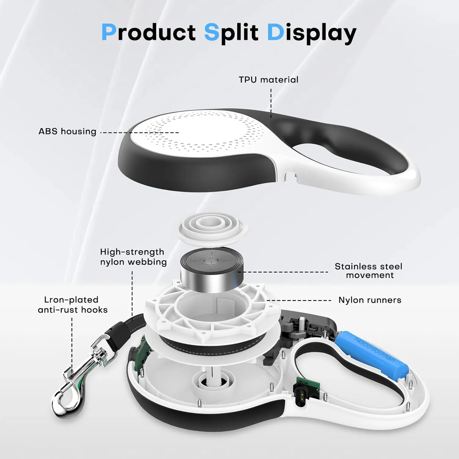 Retractable dog leash with chew-proof cord and LED flashlight, 16-ft heavy-duty dog leash, suitable for medium/large dogs weighing up to 110 pounds, reflective rope, 360 anti-tangling(White 16ft LED)