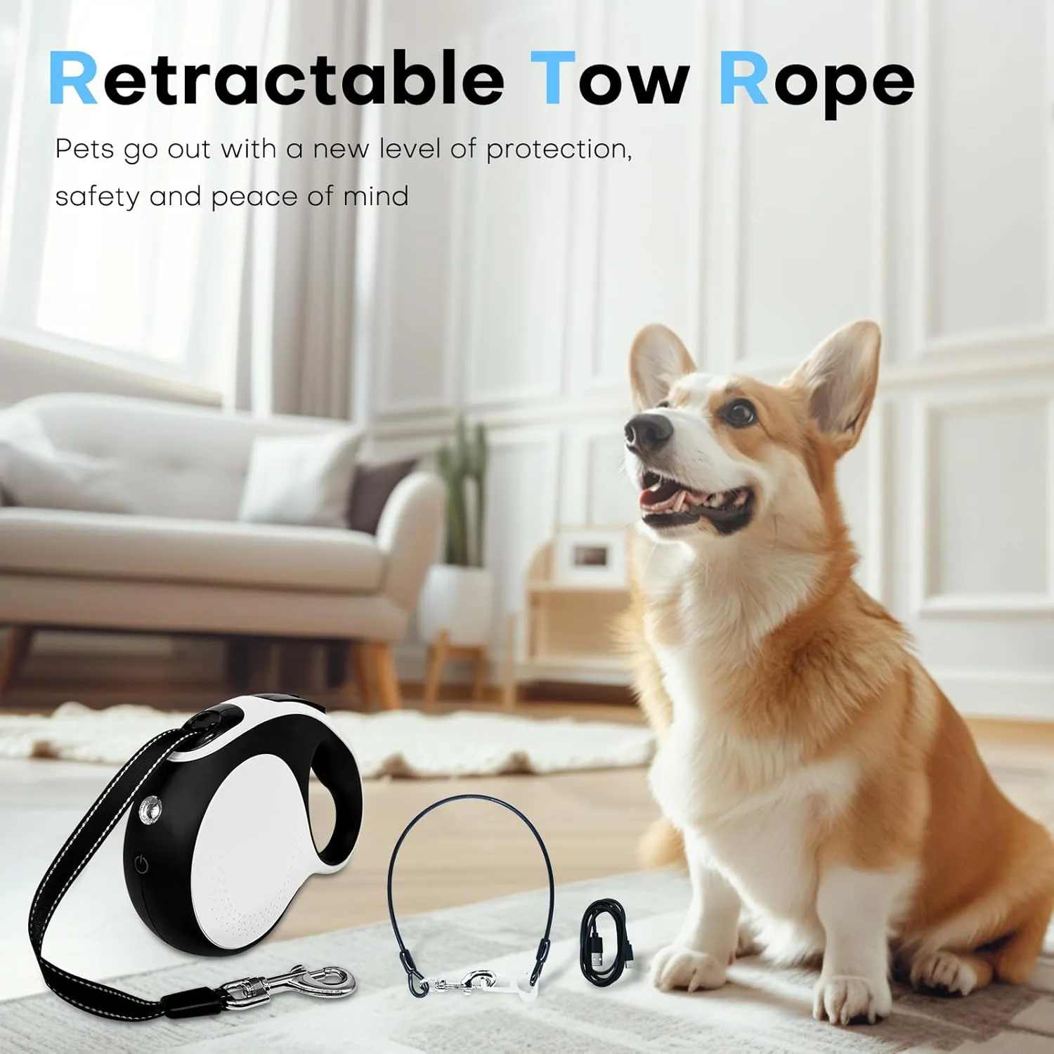 Retractable dog leash with chew-proof cord and LED flashlight, 16-ft heavy-duty dog leash, suitable for medium/large dogs weighing up to 110 pounds, reflective rope, 360 anti-tangling(White 16ft LED)