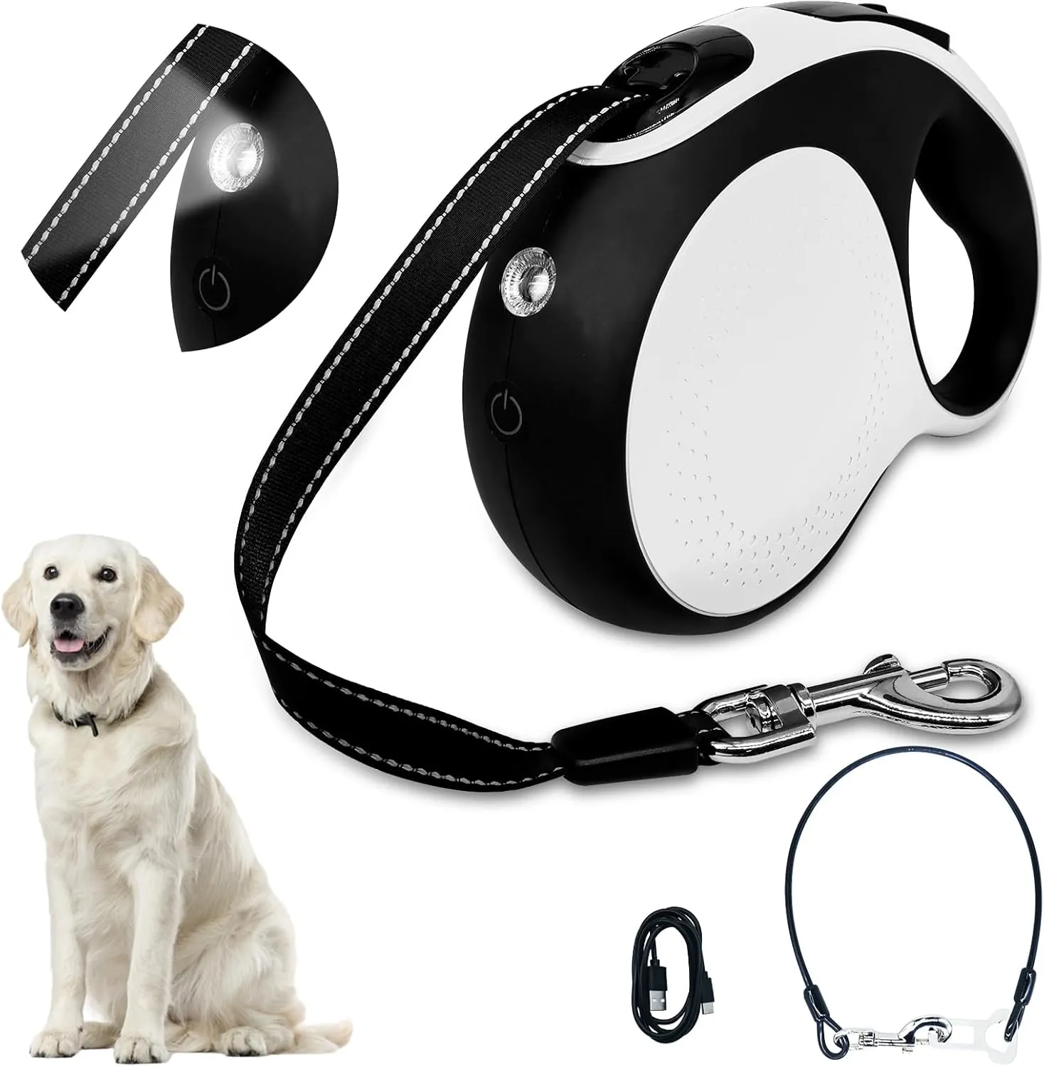 Retractable dog leash with chew-proof cord and LED flashlight, 16-ft heavy-duty dog leash, suitable for medium/large dogs weighing up to 110 pounds, reflective rope, 360 anti-tangling(White 16ft LED)