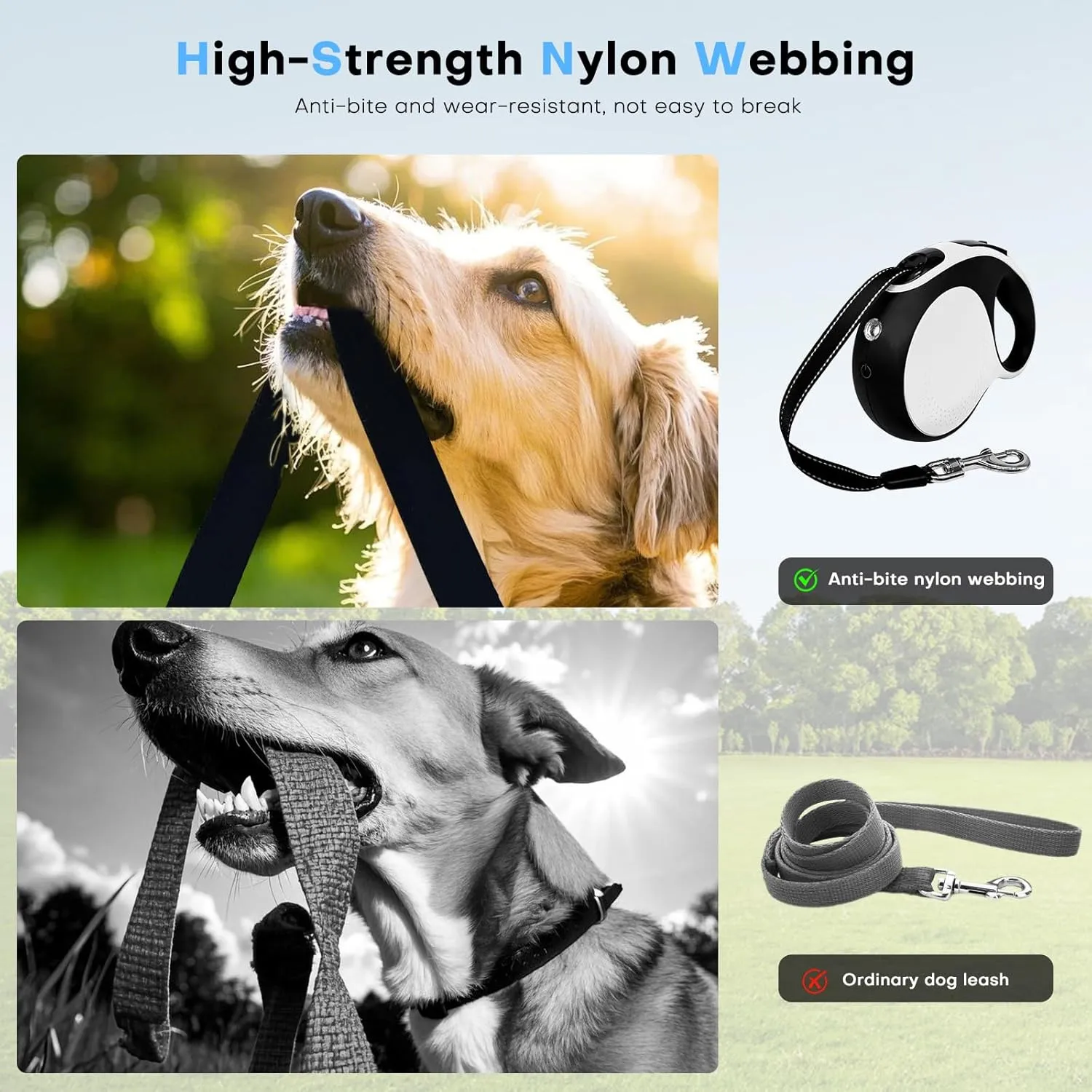 Retractable dog leash with chew-proof cord and LED flashlight, 16-ft heavy-duty dog leash, suitable for medium/large dogs weighing up to 110 pounds, reflective rope, 360 anti-tangling(White 16ft LED)