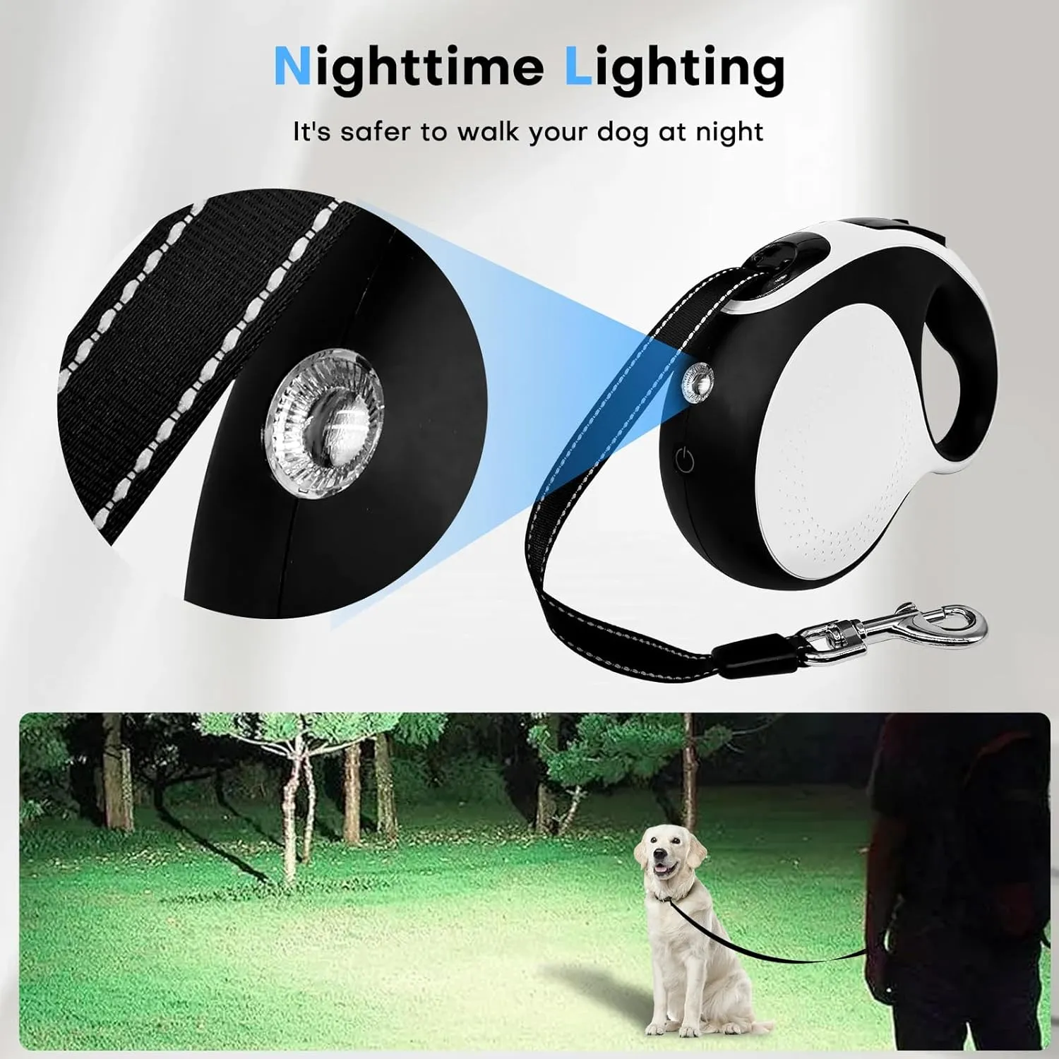 Retractable dog leash with chew-proof cord and LED flashlight, 16-ft heavy-duty dog leash, suitable for medium/large dogs weighing up to 110 pounds, reflective rope, 360 anti-tangling(White 16ft LED)