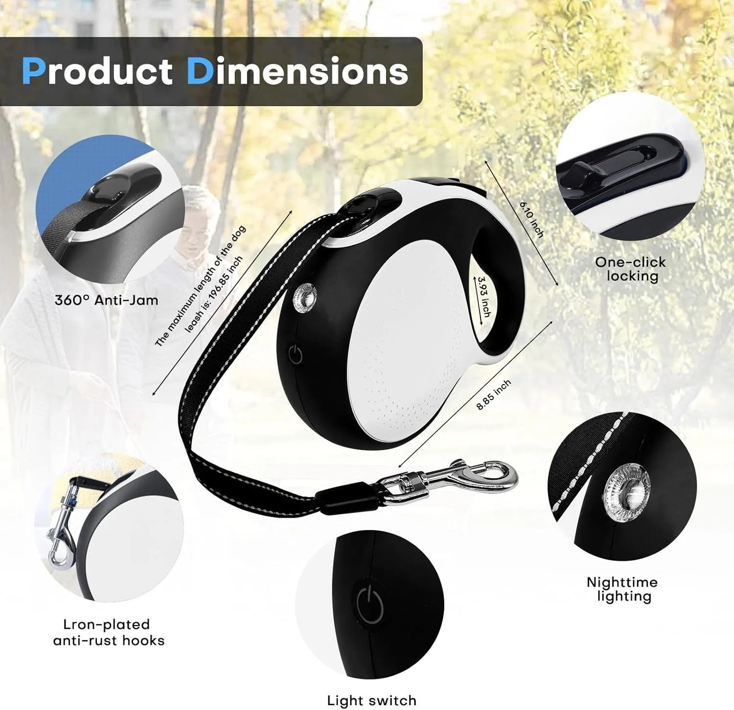 Retractable dog leash with chew-proof cord and LED flashlight, 16-ft heavy-duty dog leash, suitable for medium/large dogs weighing up to 110 pounds, reflective rope, 360 anti-tangling(White 16ft LED)