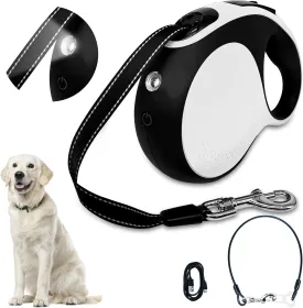 Retractable dog leash with chew-proof cord and LED flashlight, 16-ft heavy-duty dog leash, suitable for medium/large dogs weighing up to 110 pounds, reflective rope, 360 anti-tangling(White 16ft LED)