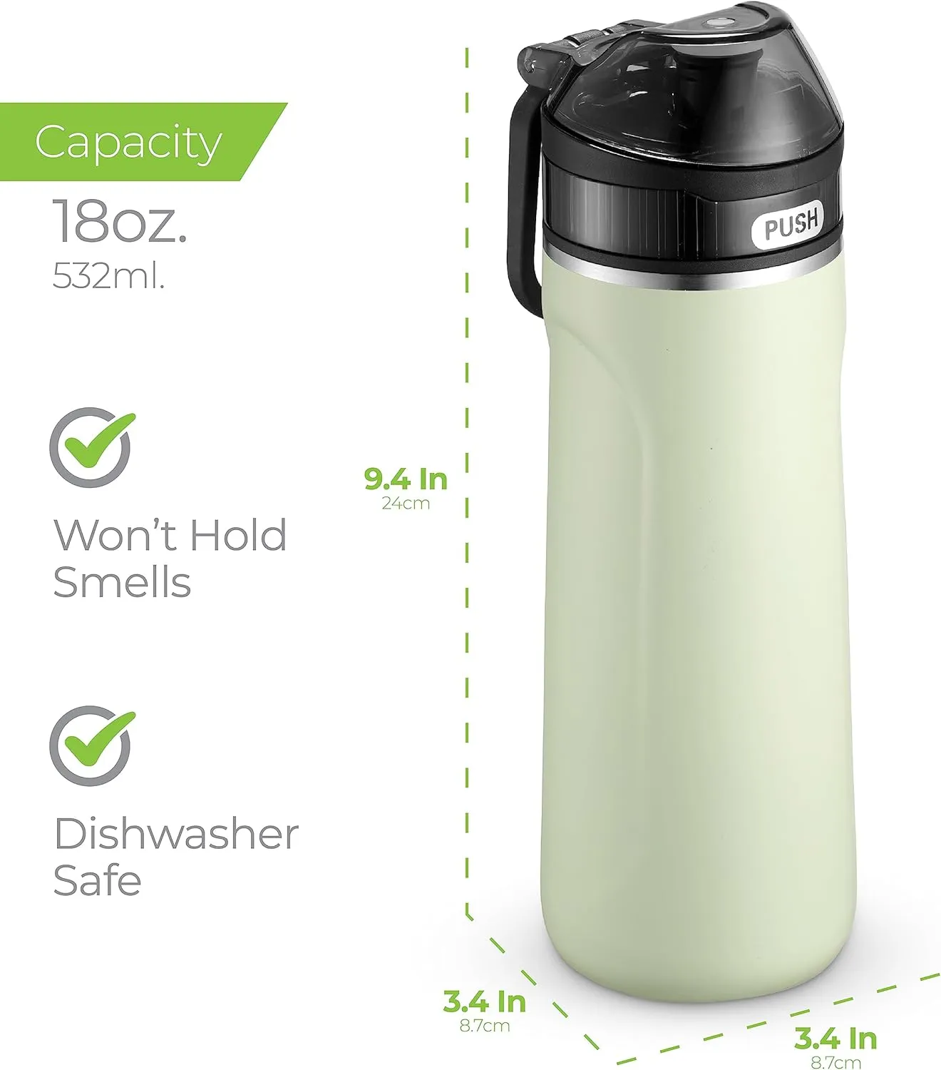 SipX Triple-Insulated Stainless Steel Water Bottle - 18oz. With Straw Lid, BPA-Free Reusable Insulated Water Bottle Keeps Cold For 12 Hours, (Green)