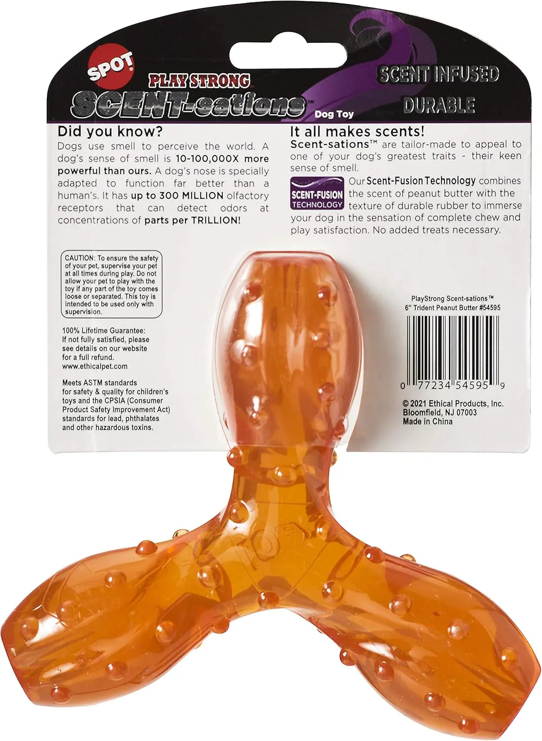 SPOT Play Strong Scent-sations Trident Bone - Scent-Infused, Durable TPR Rubber, Heavy Duty Dog Toys for Aggressive Chewers up to 45lbs, Great for Puppies & Medium Breeds, 6in, Peanut Butter Flavored