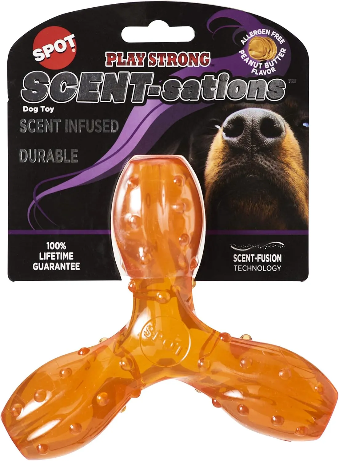 SPOT Play Strong Scent-sations Trident Bone - Scent-Infused, Durable TPR Rubber, Heavy Duty Dog Toys for Aggressive Chewers up to 45lbs, Great for Puppies & Medium Breeds, 6in, Peanut Butter Flavored