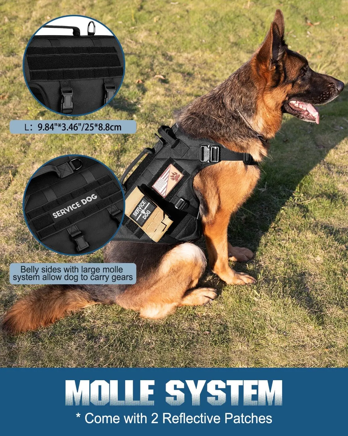 Tactical Dog Harness - PETNANNY Service Dog Vest for Large Dogs Fully Body Coverage in Training Dog Harness with 2 Reflective Dog Patches, Handle, Hook and Loop Panels, Dog MOLLE Vest (Black, L)