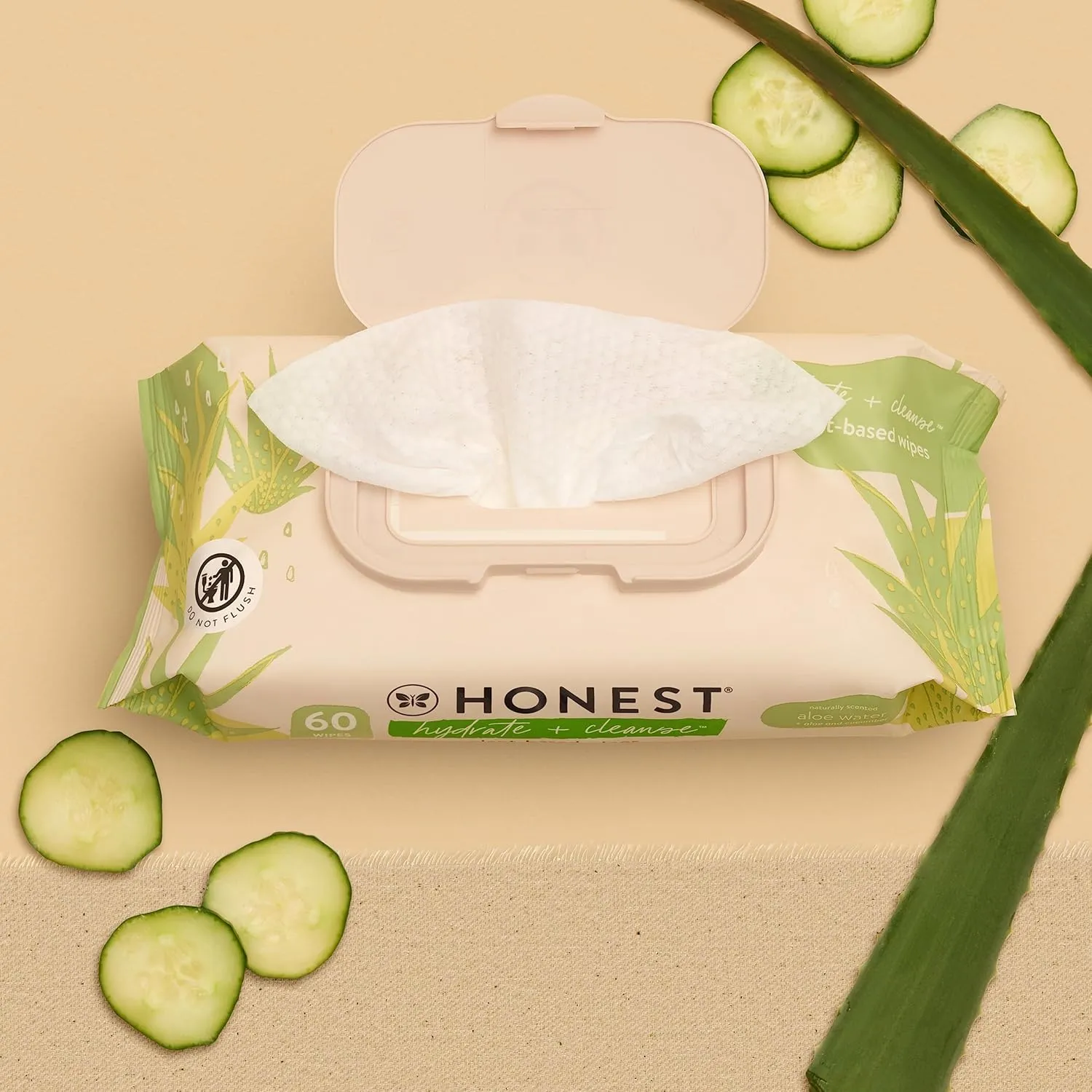 The Honest Company Hydrate   Cleanse Naturally Scented Wipes | Cleansing Multi-Tasking Wipes | 99% Water, Plant Based, Hypoallergenic | Aloe   Cucumber, 60 Count