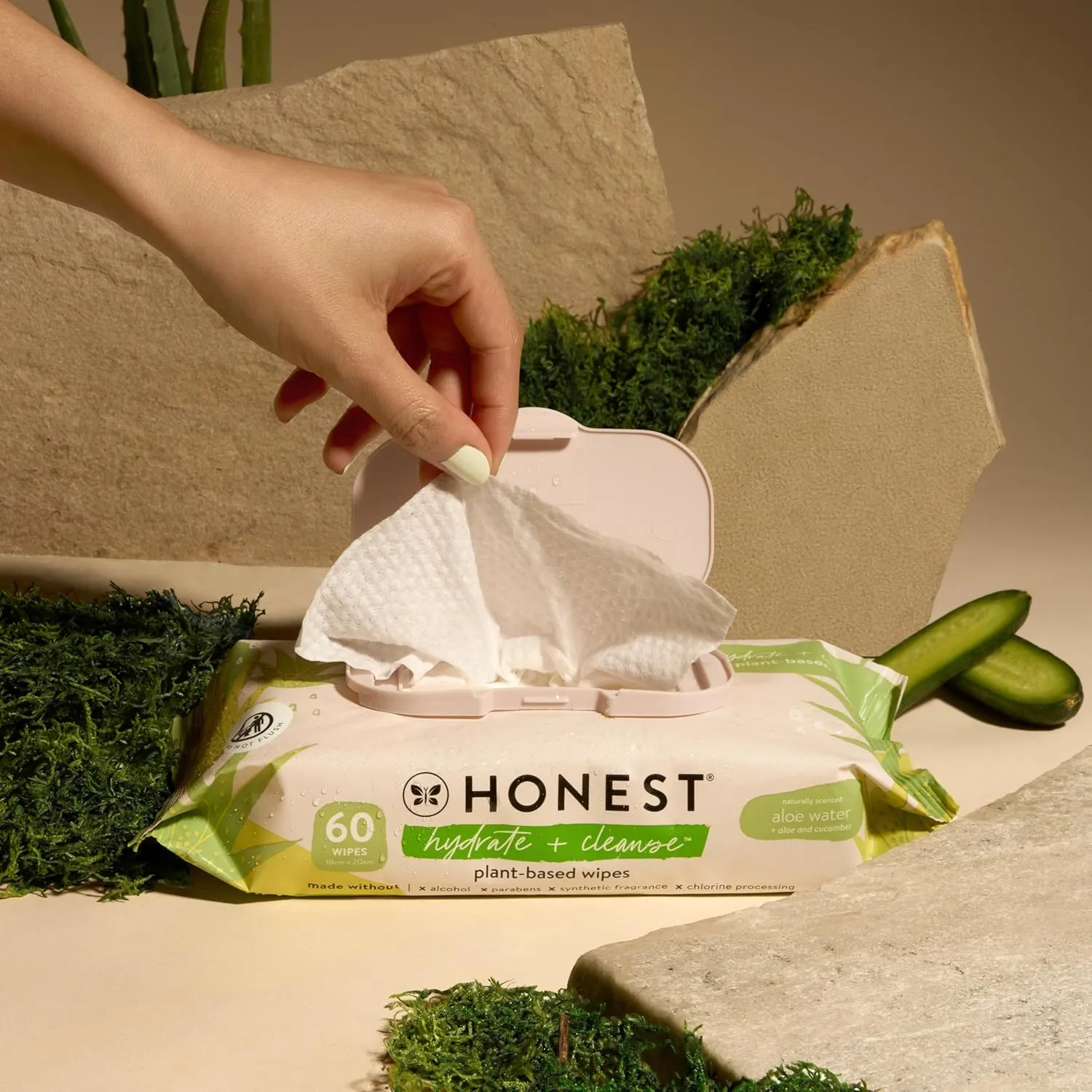 The Honest Company Hydrate   Cleanse Naturally Scented Wipes | Cleansing Multi-Tasking Wipes | 99% Water, Plant Based, Hypoallergenic | Aloe   Cucumber, 60 Count