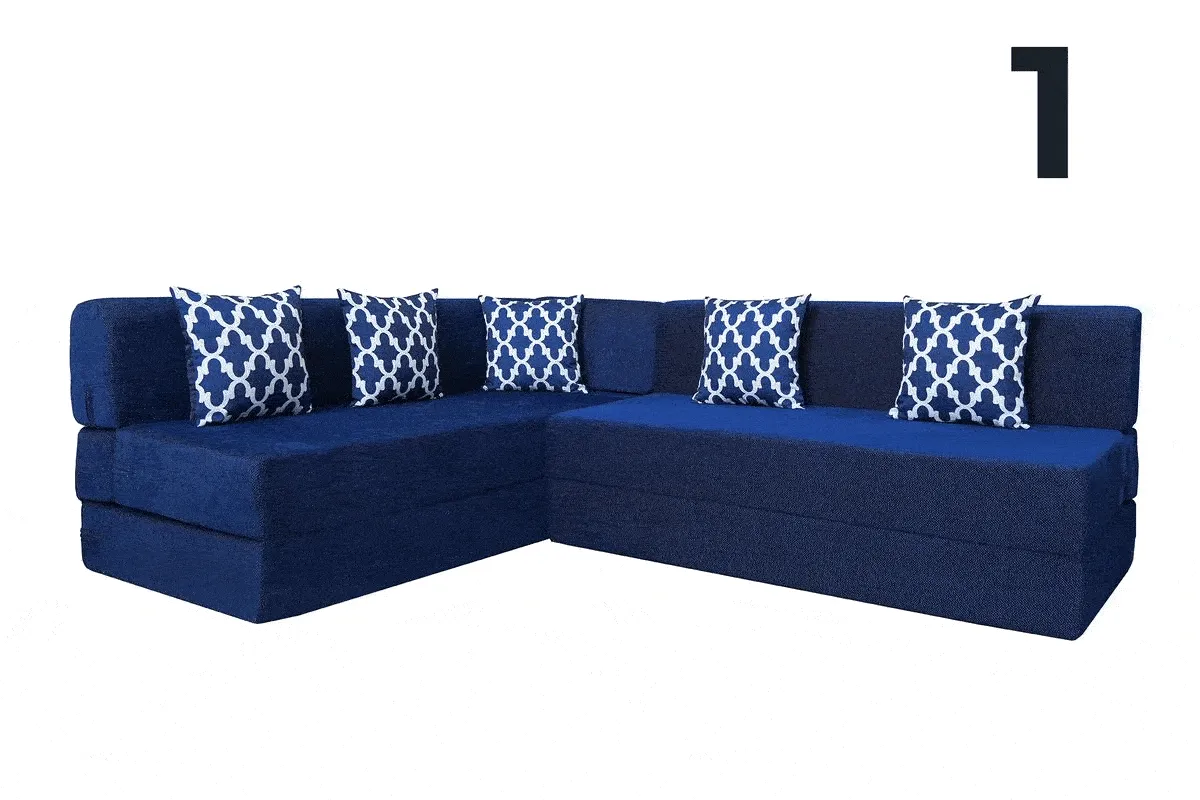 Uberlyfe L Shaped Sofa Bed, Dotted Blue | 5 Seater | 5 Semicircle Cushion