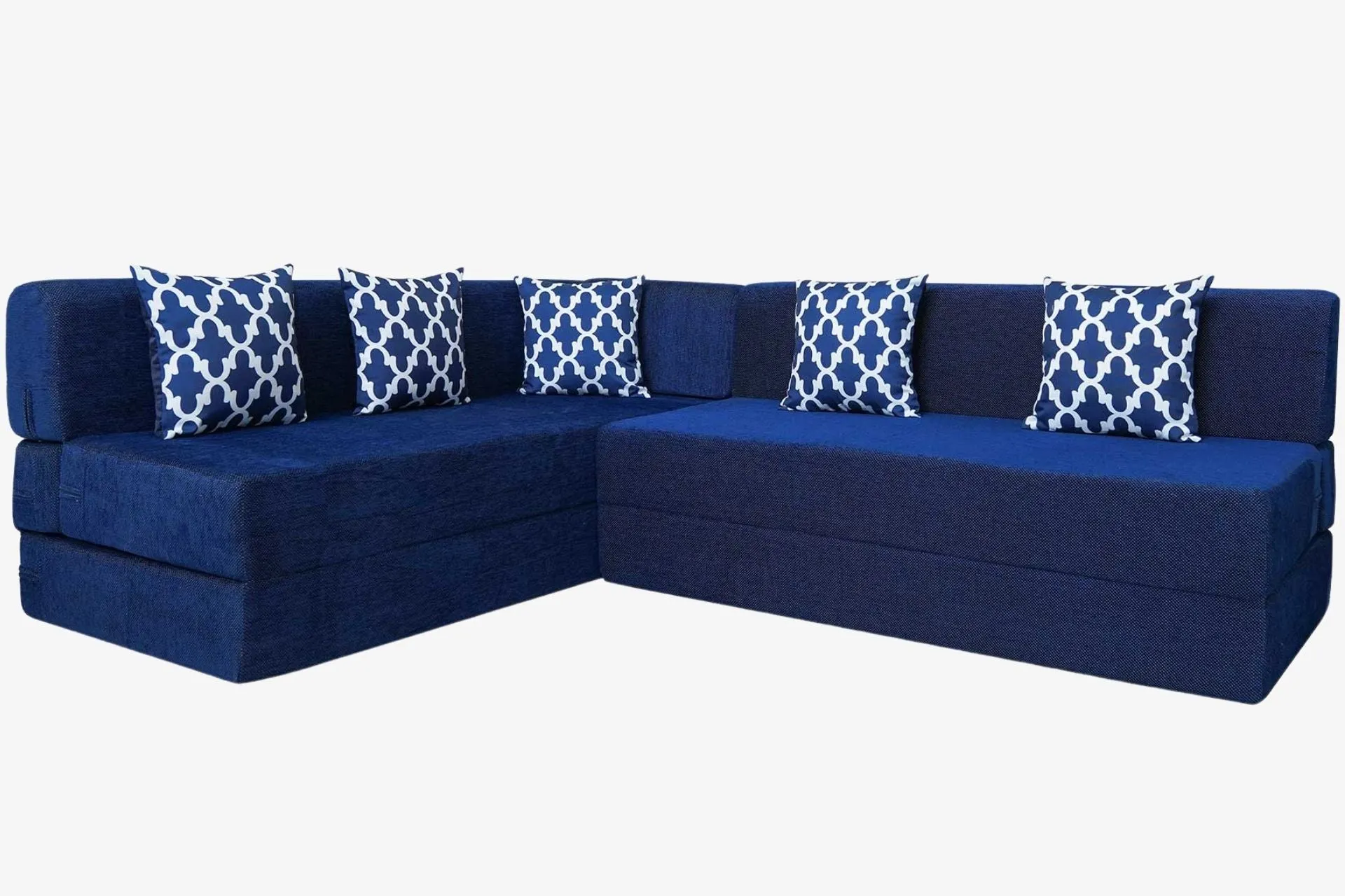 Uberlyfe L Shaped Sofa Bed, Dotted Blue | 5 Seater | 5 Semicircle Cushion