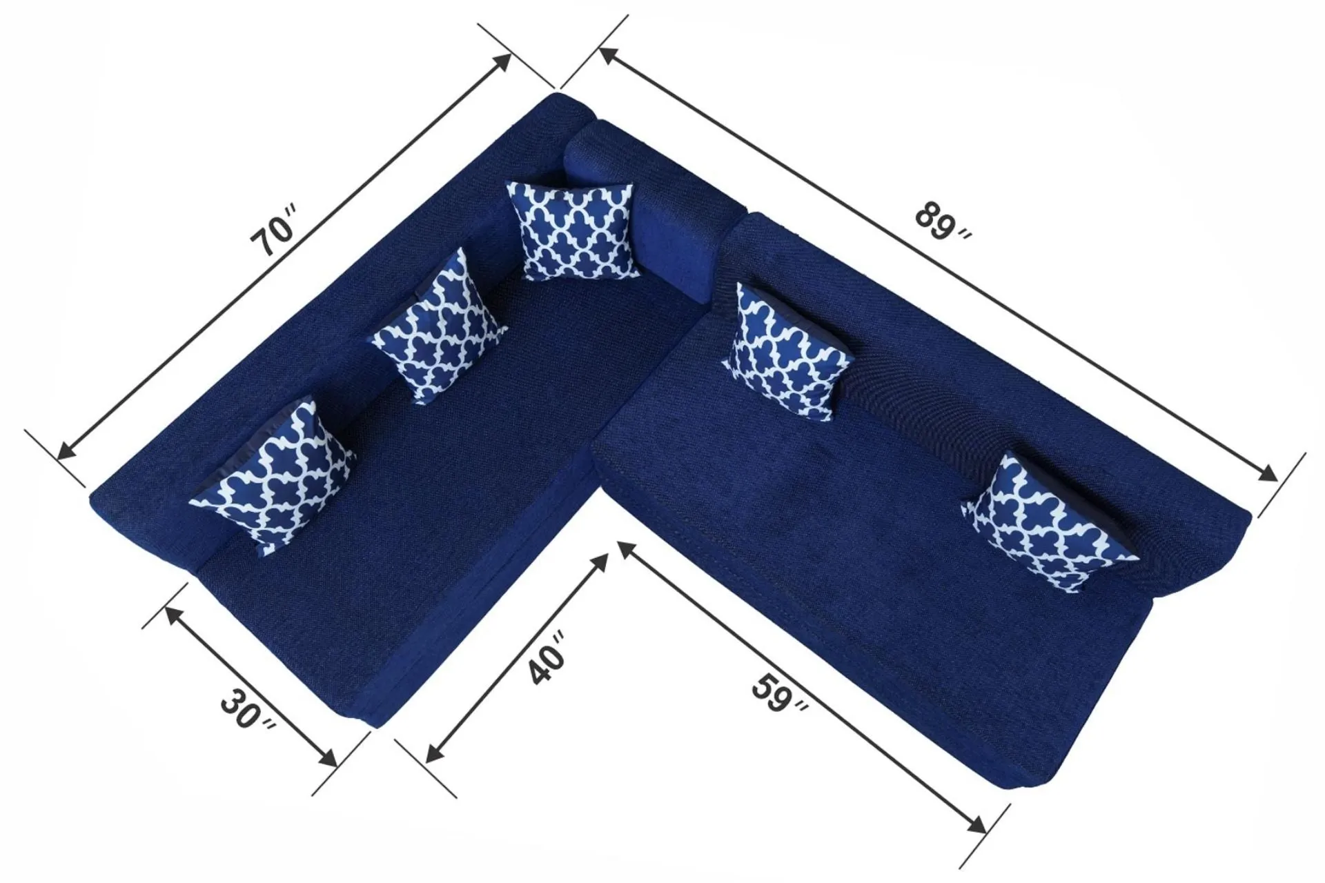 Uberlyfe L Shaped Sofa Bed, Dotted Blue | 5 Seater | 5 Semicircle Cushion