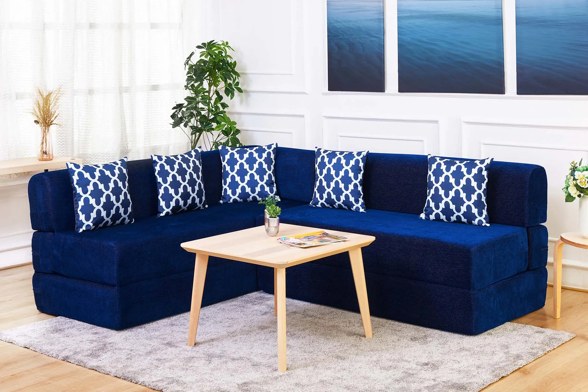 Uberlyfe L Shaped Sofa Bed, Dotted Blue | 5 Seater | 5 Semicircle Cushion