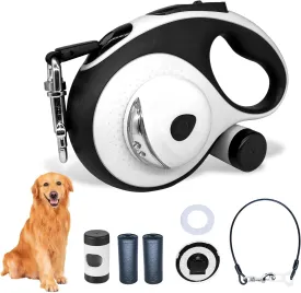 Upgraded 4in1 26 ft Retractable Dog Leash with LED Light, Dispenser and Poop Bag, Heavy Duty Leash for Medium to Large Dogs up to 110 lb, Sturdy Nylon Straps, 360 anti-tangling, One Hand Brake(White)