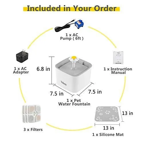 Veken Pet Fountain, 84oz/2.5L Automatic Cat Water Fountain Dog Water Dispenser with 3 Replacement Filters & 1 Silicone Mat for Cats, Dogs, Multiple Pets, Grey