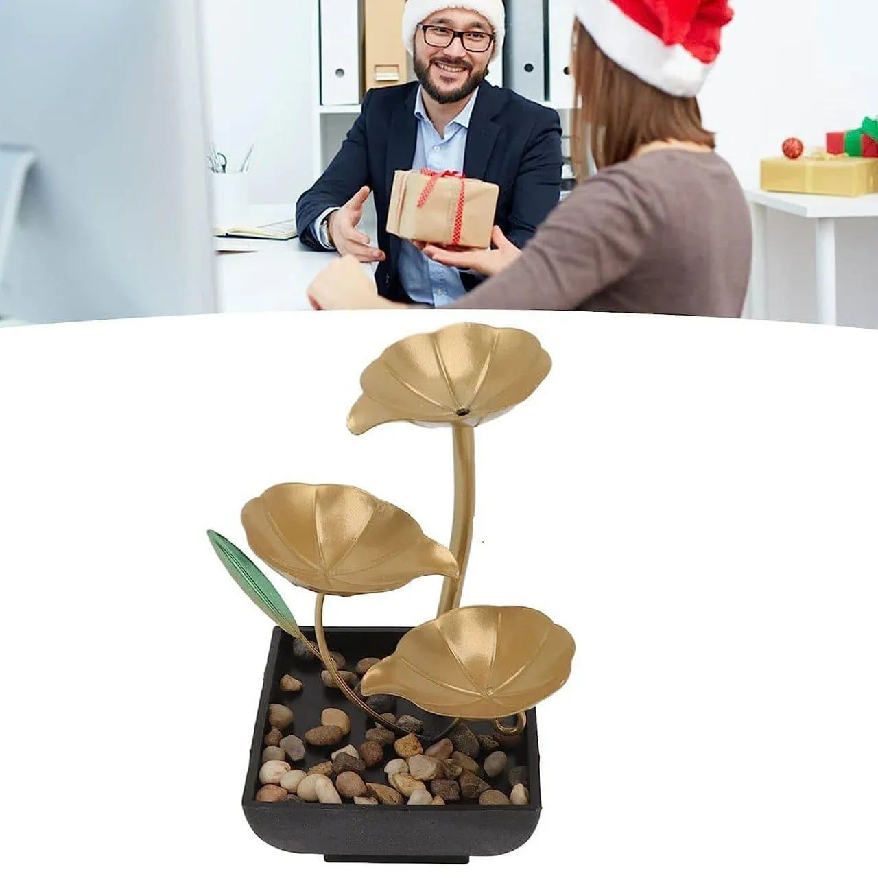 Vishweshwar Tabletop Metal Water Fountain - Home Decor Ornaments with Waterfall, Desktop Leaf Fountains, Deep Basin & Natural River Rocks for Indoor Zen Relaxation, Office, Living Room, Bedroom Gift