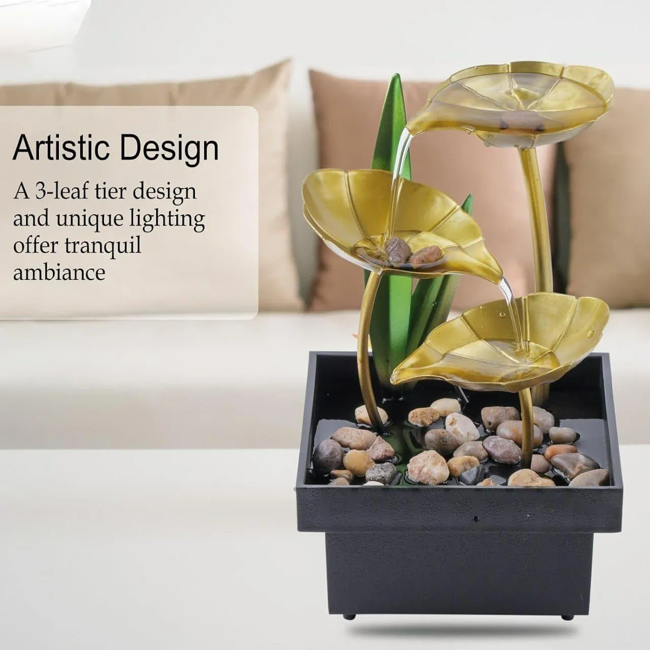 Vishweshwar Tabletop Metal Water Fountain - Home Decor Ornaments with Waterfall, Desktop Leaf Fountains, Deep Basin & Natural River Rocks for Indoor Zen Relaxation, Office, Living Room, Bedroom Gift