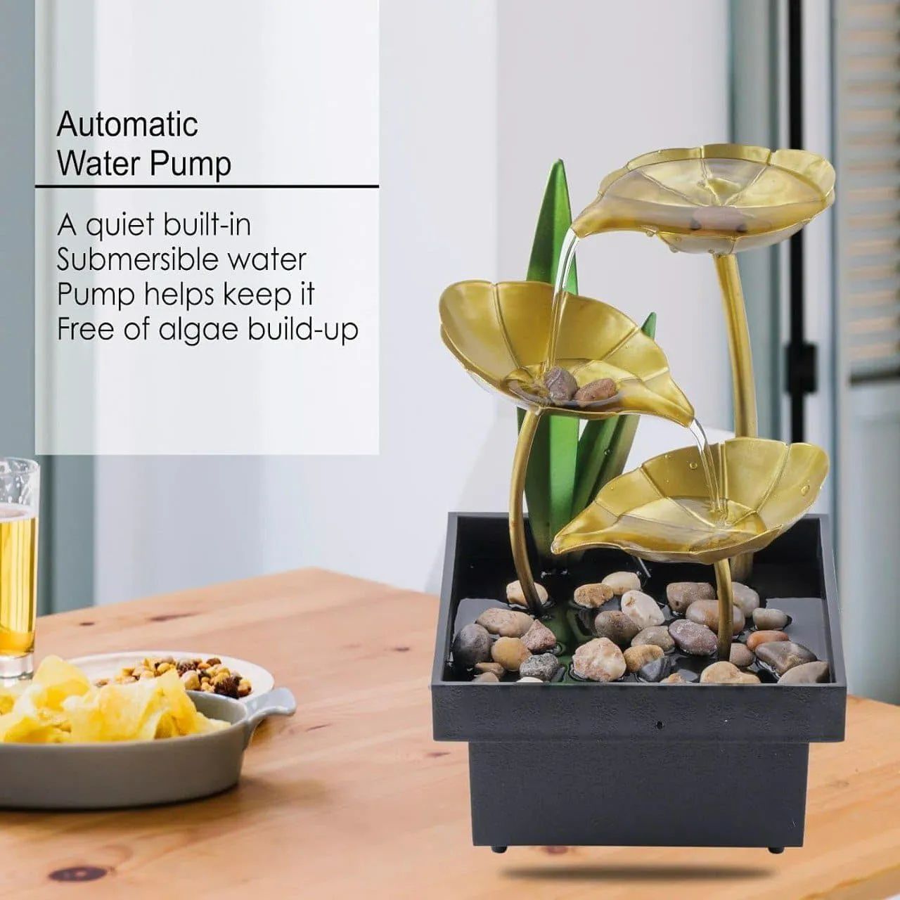 Vishweshwar Tabletop Metal Water Fountain - Home Decor Ornaments with Waterfall, Desktop Leaf Fountains, Deep Basin & Natural River Rocks for Indoor Zen Relaxation, Office, Living Room, Bedroom Gift