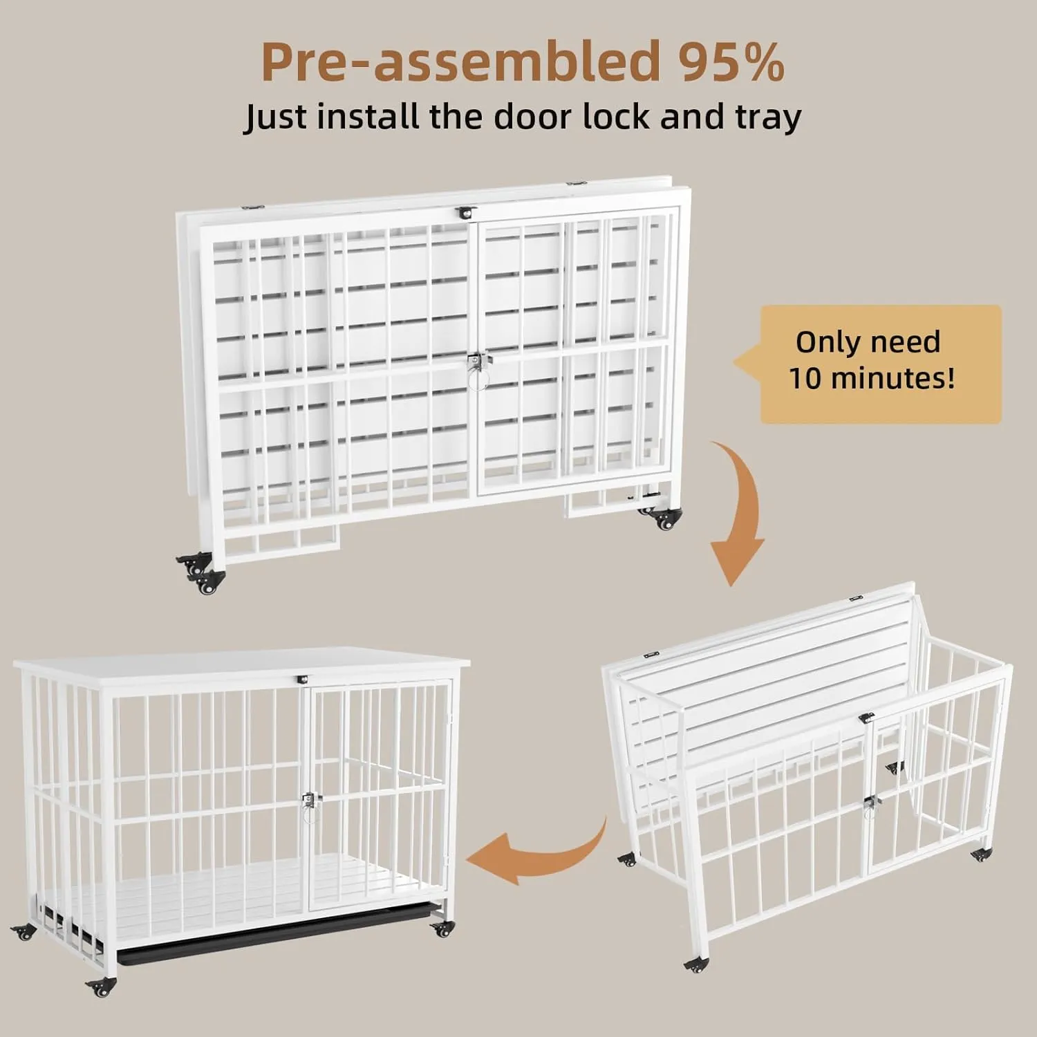 VOWNER 32 Inch Heavy Duty Dog Crate Furniture, Decorative Dog Kennel End Table, Foldable Wooden Pet House Indoor with 4 Lockable Wheels, Double Door and Removable Tray Design, for Medium Dogs, White