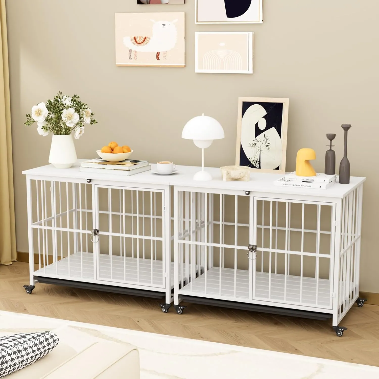 VOWNER 32 Inch Heavy Duty Dog Crate Furniture, Decorative Dog Kennel End Table, Foldable Wooden Pet House Indoor with 4 Lockable Wheels, Double Door and Removable Tray Design, for Medium Dogs, White