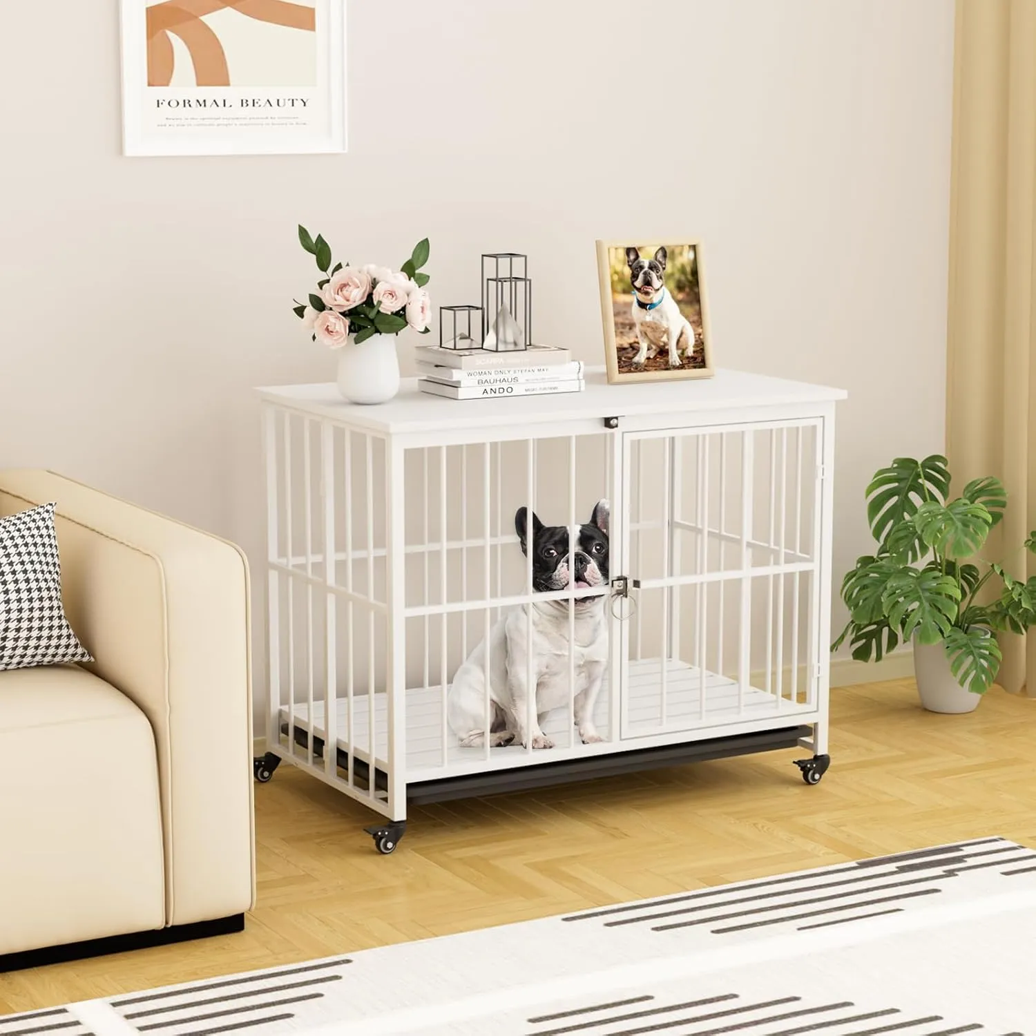 VOWNER 32 Inch Heavy Duty Dog Crate Furniture, Decorative Dog Kennel End Table, Foldable Wooden Pet House Indoor with 4 Lockable Wheels, Double Door and Removable Tray Design, for Medium Dogs, White