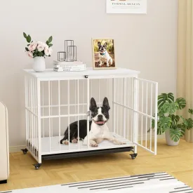 VOWNER 32 Inch Heavy Duty Dog Crate Furniture, Decorative Dog Kennel End Table, Foldable Wooden Pet House Indoor with 4 Lockable Wheels, Double Door and Removable Tray Design, for Medium Dogs, White