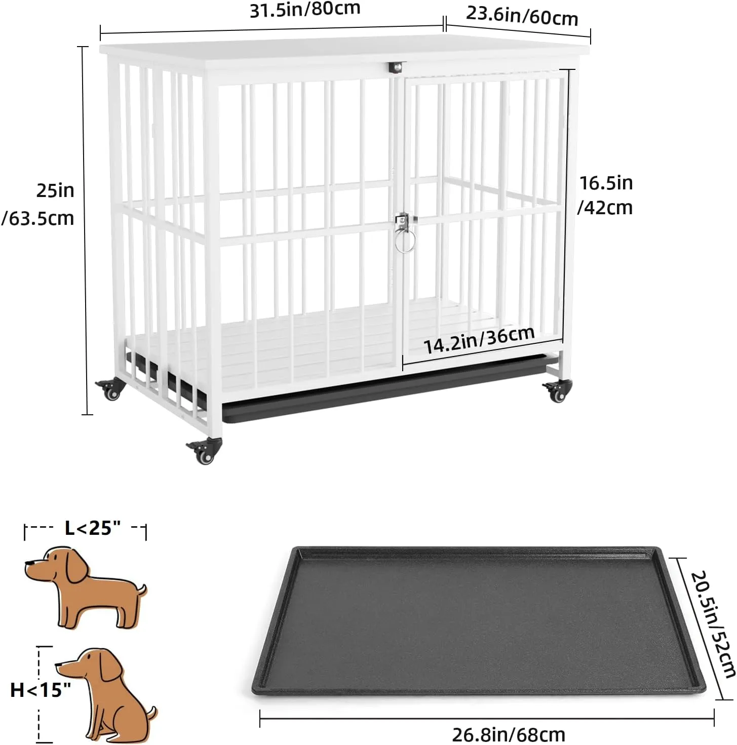VOWNER 32 Inch Heavy Duty Dog Crate Furniture, Decorative Dog Kennel End Table, Foldable Wooden Pet House Indoor with 4 Lockable Wheels, Double Door and Removable Tray Design, for Medium Dogs, White