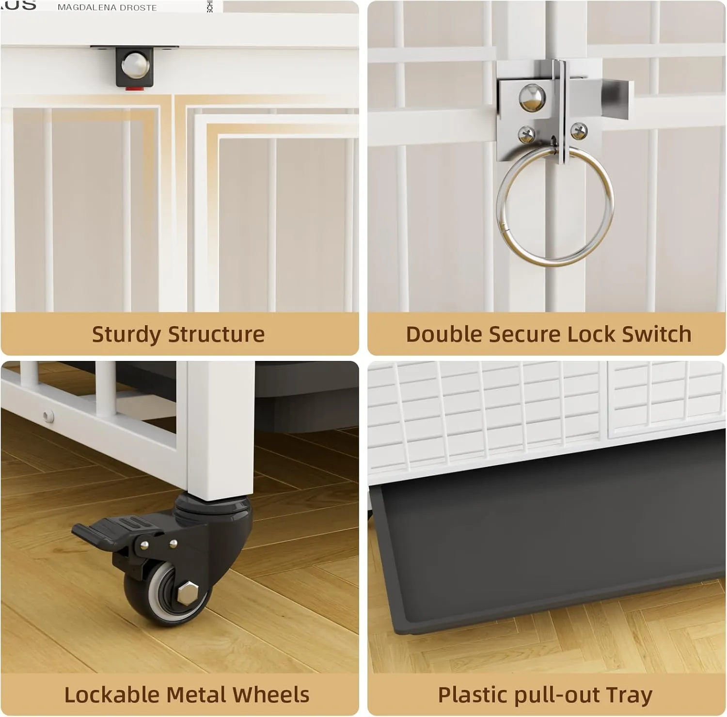 VOWNER 32 Inch Heavy Duty Dog Crate Furniture, Decorative Dog Kennel End Table, Foldable Wooden Pet House Indoor with 4 Lockable Wheels, Double Door and Removable Tray Design, for Medium Dogs, White