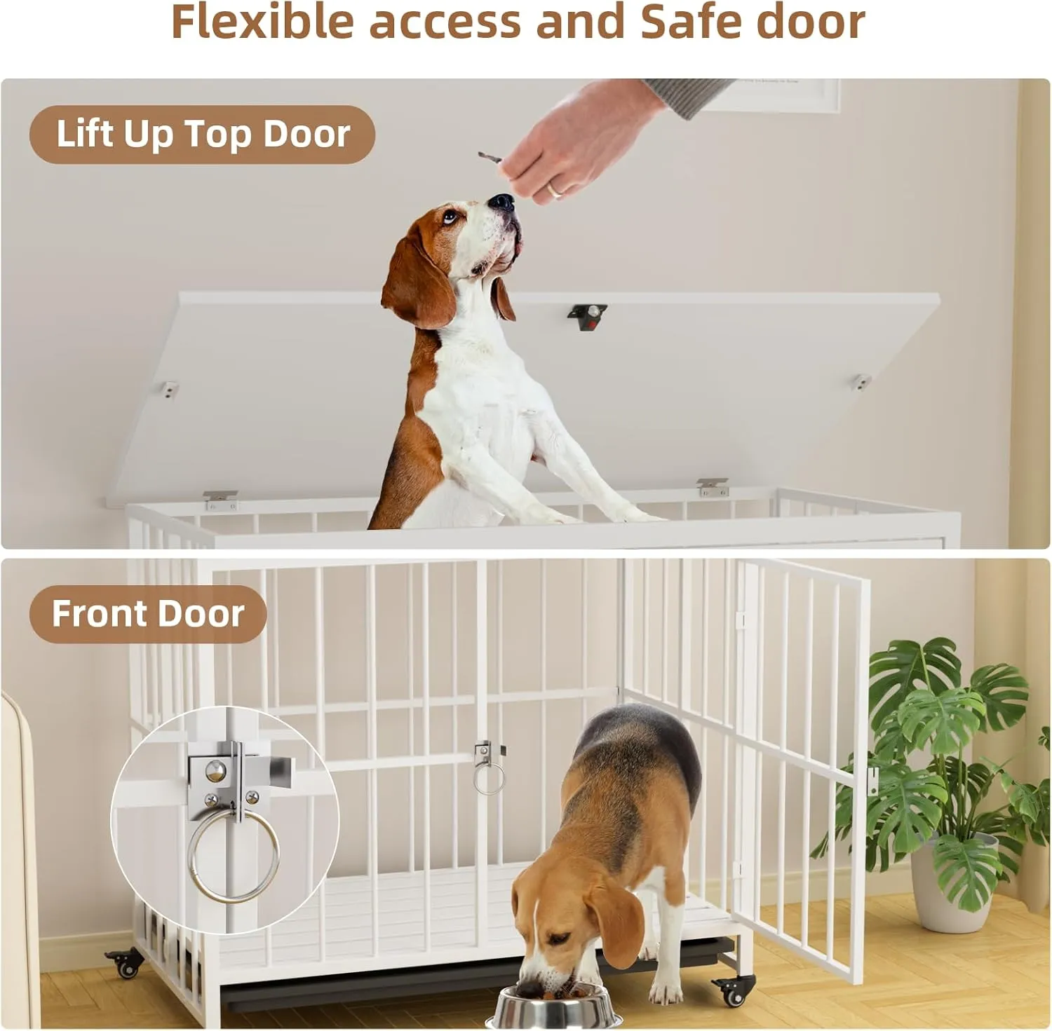 VOWNER 32 Inch Heavy Duty Dog Crate Furniture, Decorative Dog Kennel End Table, Foldable Wooden Pet House Indoor with 4 Lockable Wheels, Double Door and Removable Tray Design, for Medium Dogs, White
