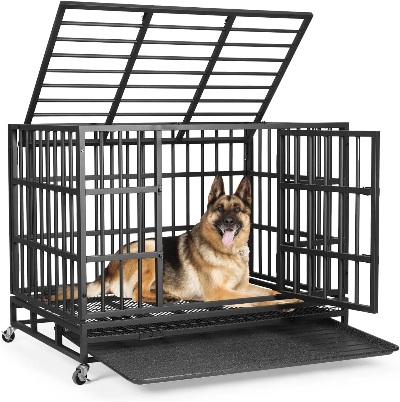 VOWNER 42 Heavy Duty Indestructible Dog Crate, High Anxiety Dog Crate, Escape Proof Dog Cage Kennel with 4 Lockable Wheels, Double Sturdy Locks, Double Door and Removable Tray Design, for Large Dogs