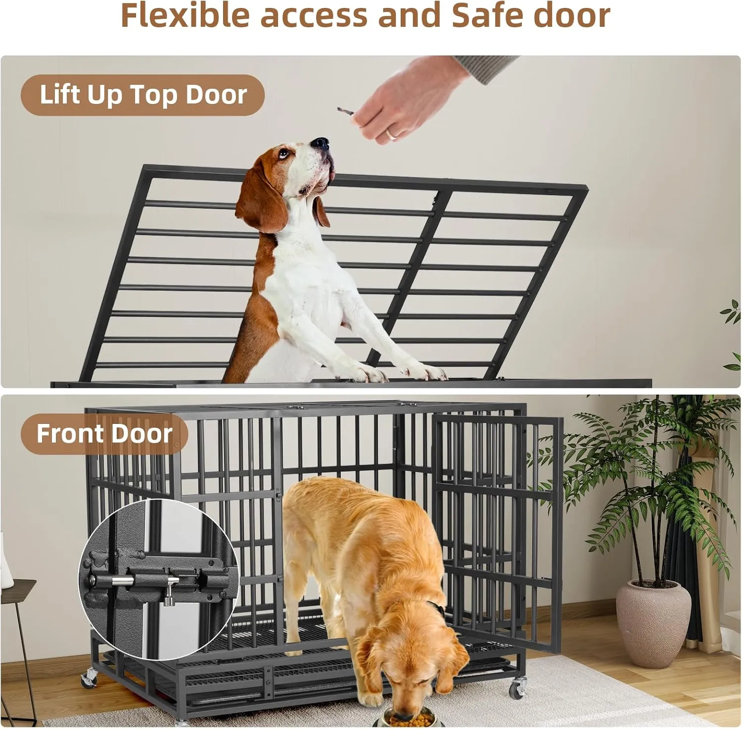 VOWNER 42 Heavy Duty Indestructible Dog Crate, High Anxiety Dog Crate, Escape Proof Dog Cage Kennel with 4 Lockable Wheels, Double Sturdy Locks, Double Door and Removable Tray Design, for Large Dogs