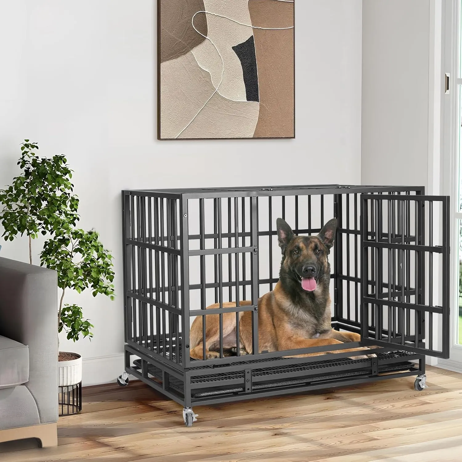VOWNER 42 Heavy Duty Indestructible Dog Crate, High Anxiety Dog Crate, Escape Proof Dog Cage Kennel with 4 Lockable Wheels, Double Sturdy Locks, Double Door and Removable Tray Design, for Large Dogs