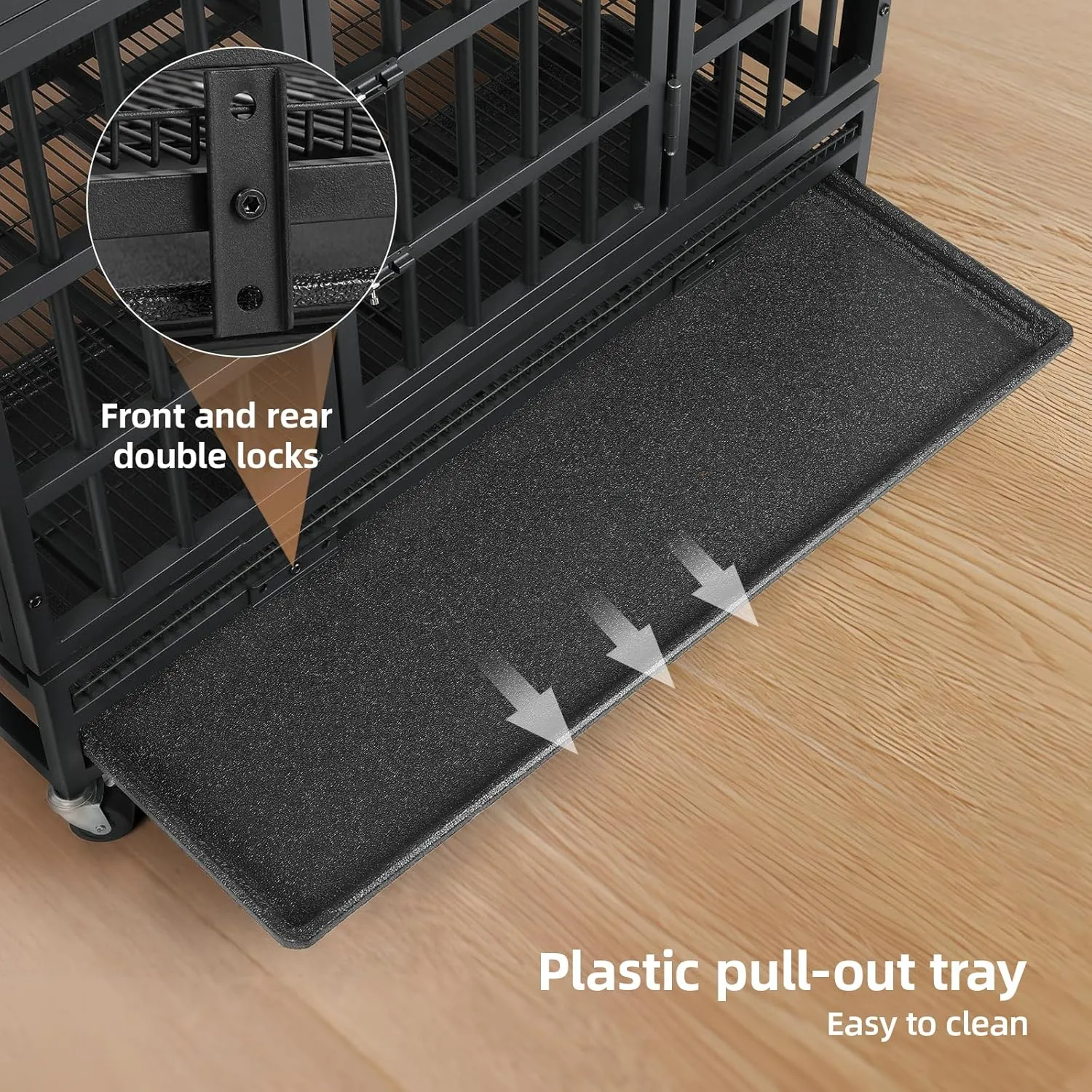VOWNER 42 Heavy Duty Indestructible Dog Crate, High Anxiety Dog Crate, Escape Proof Dog Cage Kennel with 4 Lockable Wheels, Double Sturdy Locks, Double Door and Removable Tray Design, for Large Dogs