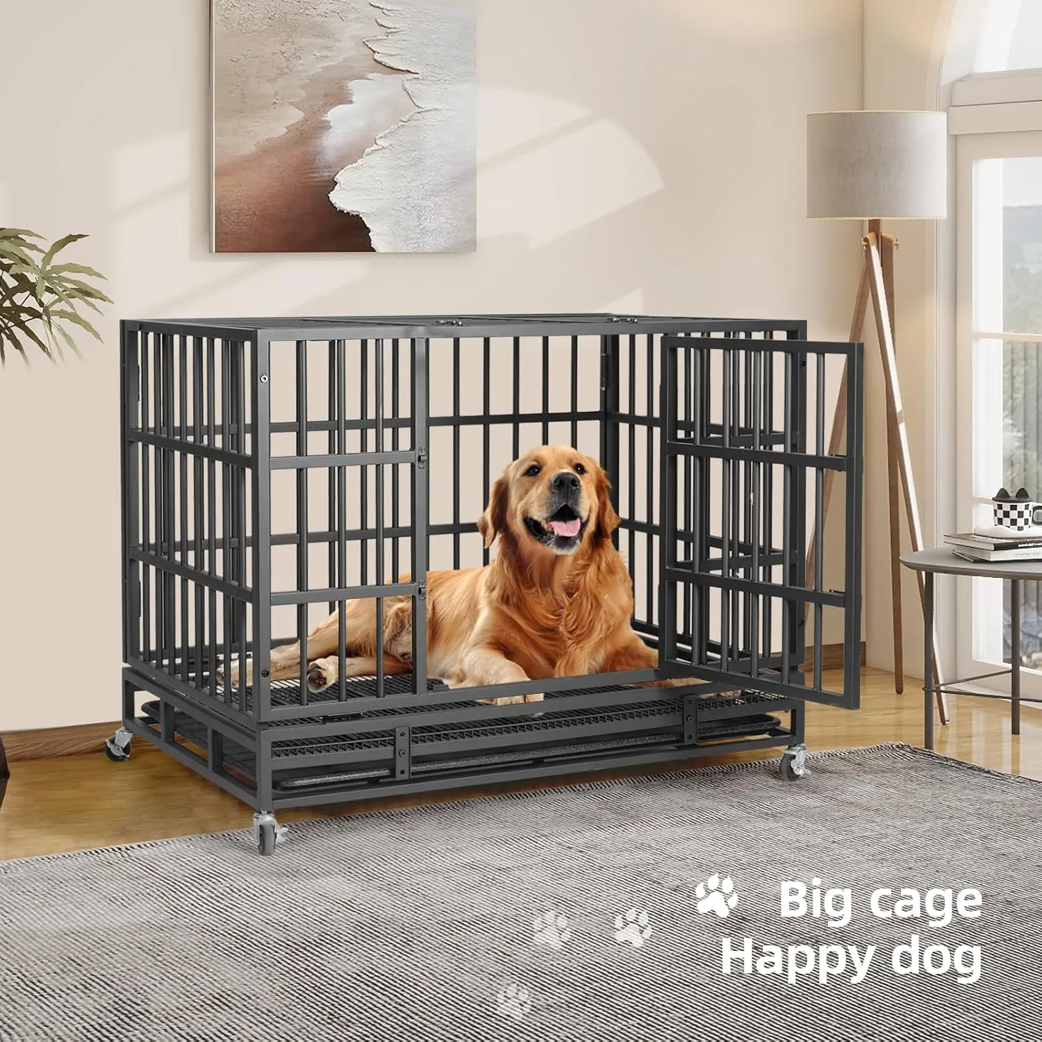 VOWNER 42 Heavy Duty Indestructible Dog Crate, High Anxiety Dog Crate, Escape Proof Dog Cage Kennel with 4 Lockable Wheels, Double Sturdy Locks, Double Door and Removable Tray Design, for Large Dogs