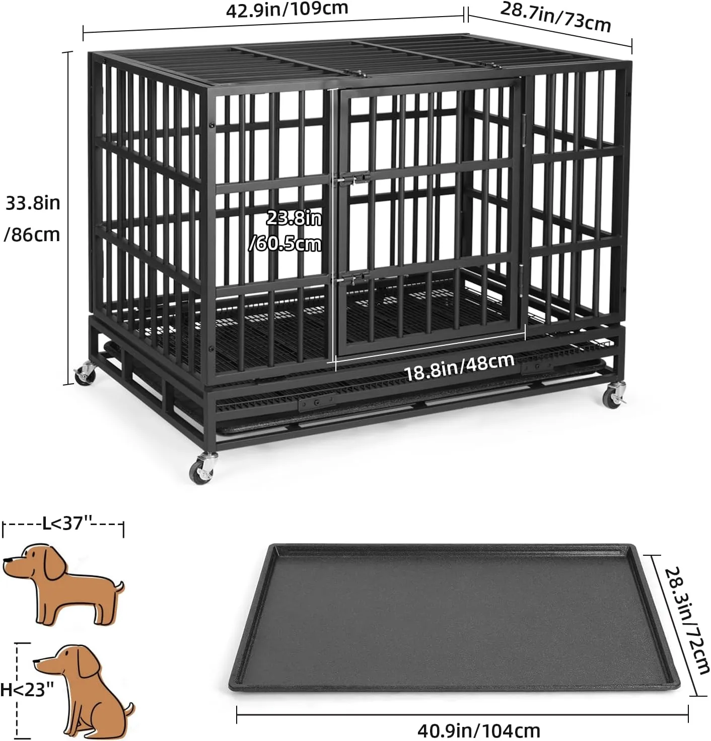 VOWNER 42 Heavy Duty Indestructible Dog Crate, High Anxiety Dog Crate, Escape Proof Dog Cage Kennel with 4 Lockable Wheels, Double Sturdy Locks, Double Door and Removable Tray Design, for Large Dogs